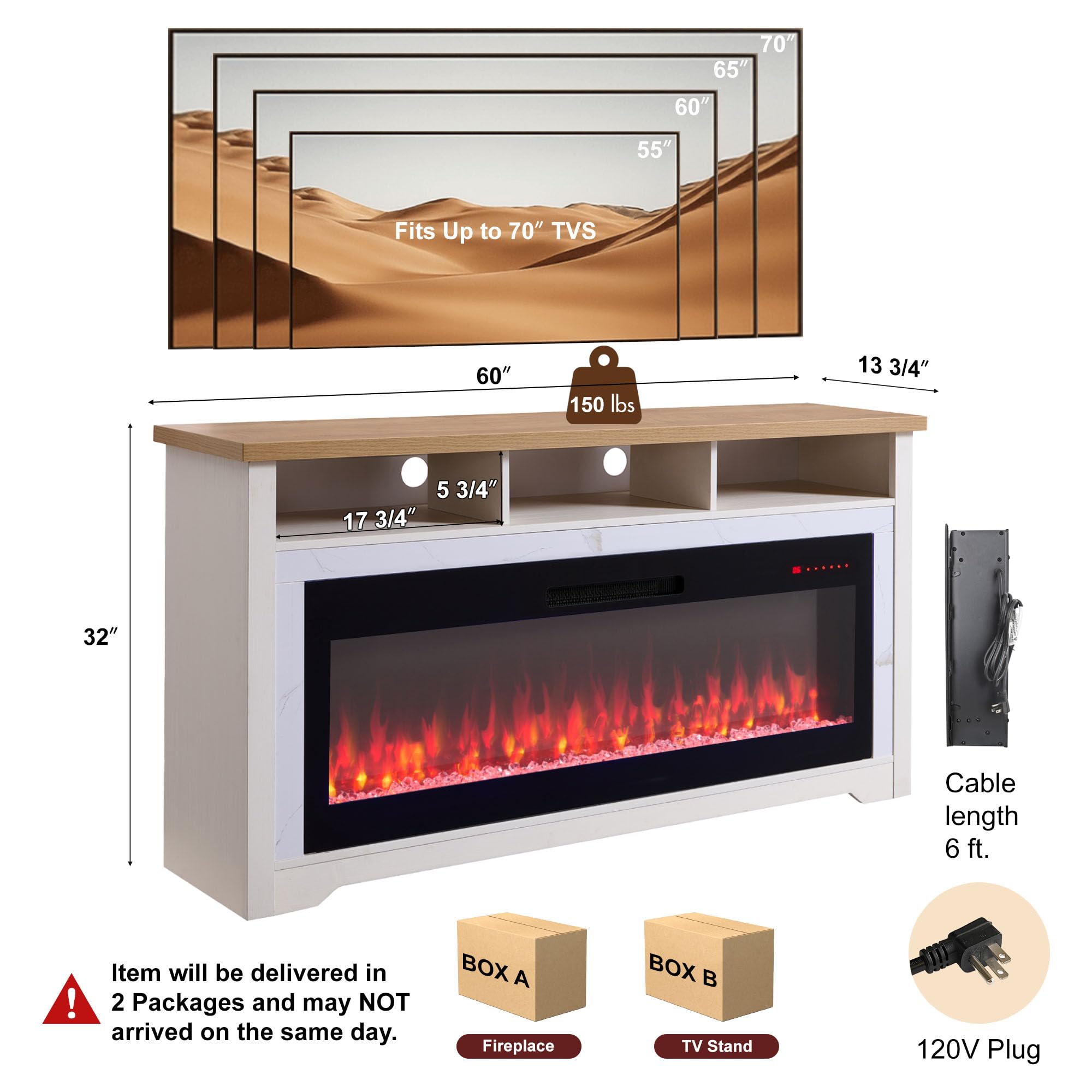 Condition photo showing New/Like New for 60 inch fireplace tv stand for tvs up to 70",with 50" smart electric fireplace,white