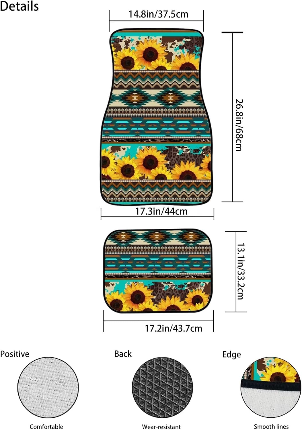 Yzaoxia Sunflower Aztec Car Floor Mats All-Weather Mats Brown Cow Leopard Flower Carpets for Cars Automotive Floor Mat for Sedan Cars Trucks SUV Washable Heavy Duty Car Accessories Floor Liner