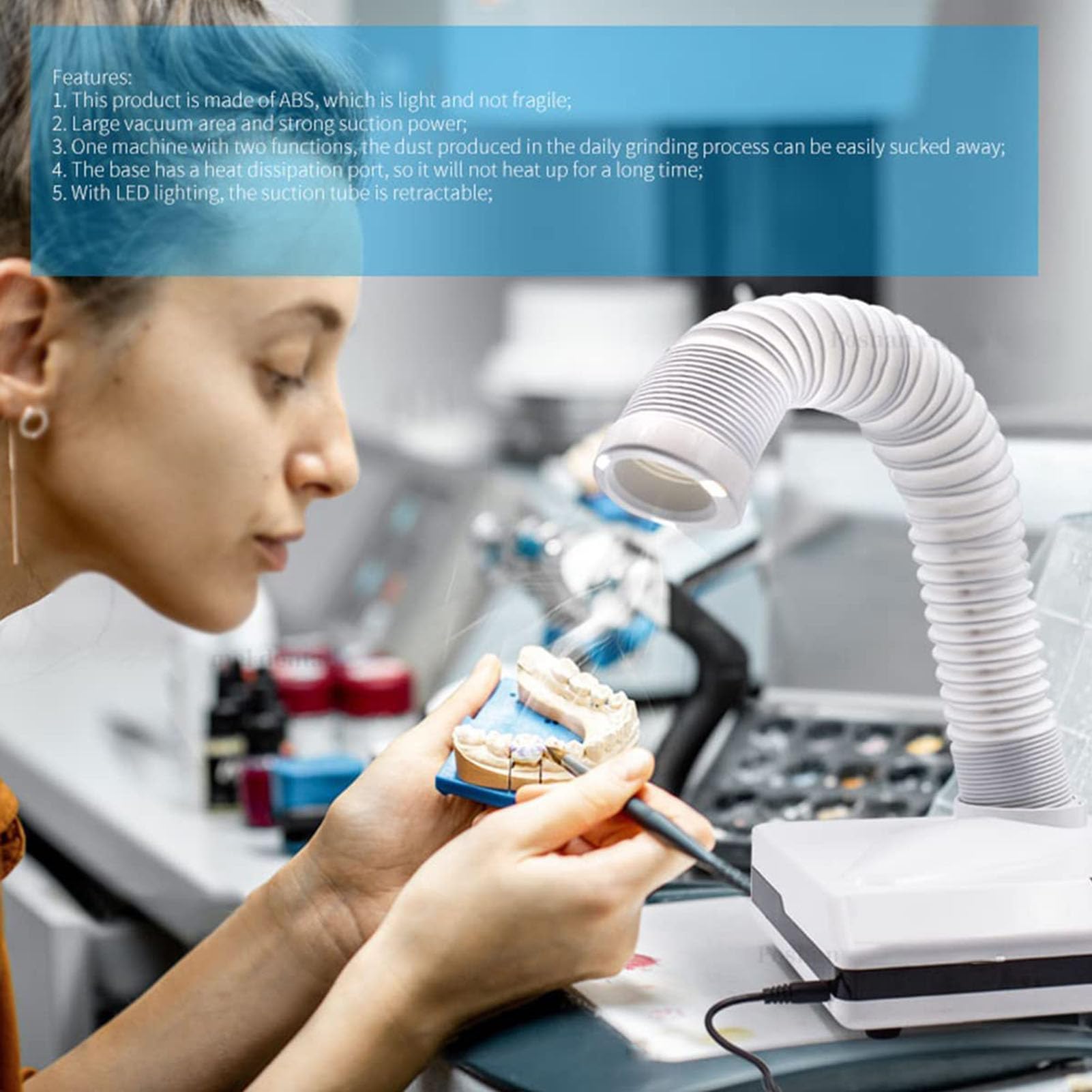 Aspiradora dental de mesa con codo retráctil telescópico para una recogida eficiente del polvo en laboratorios
