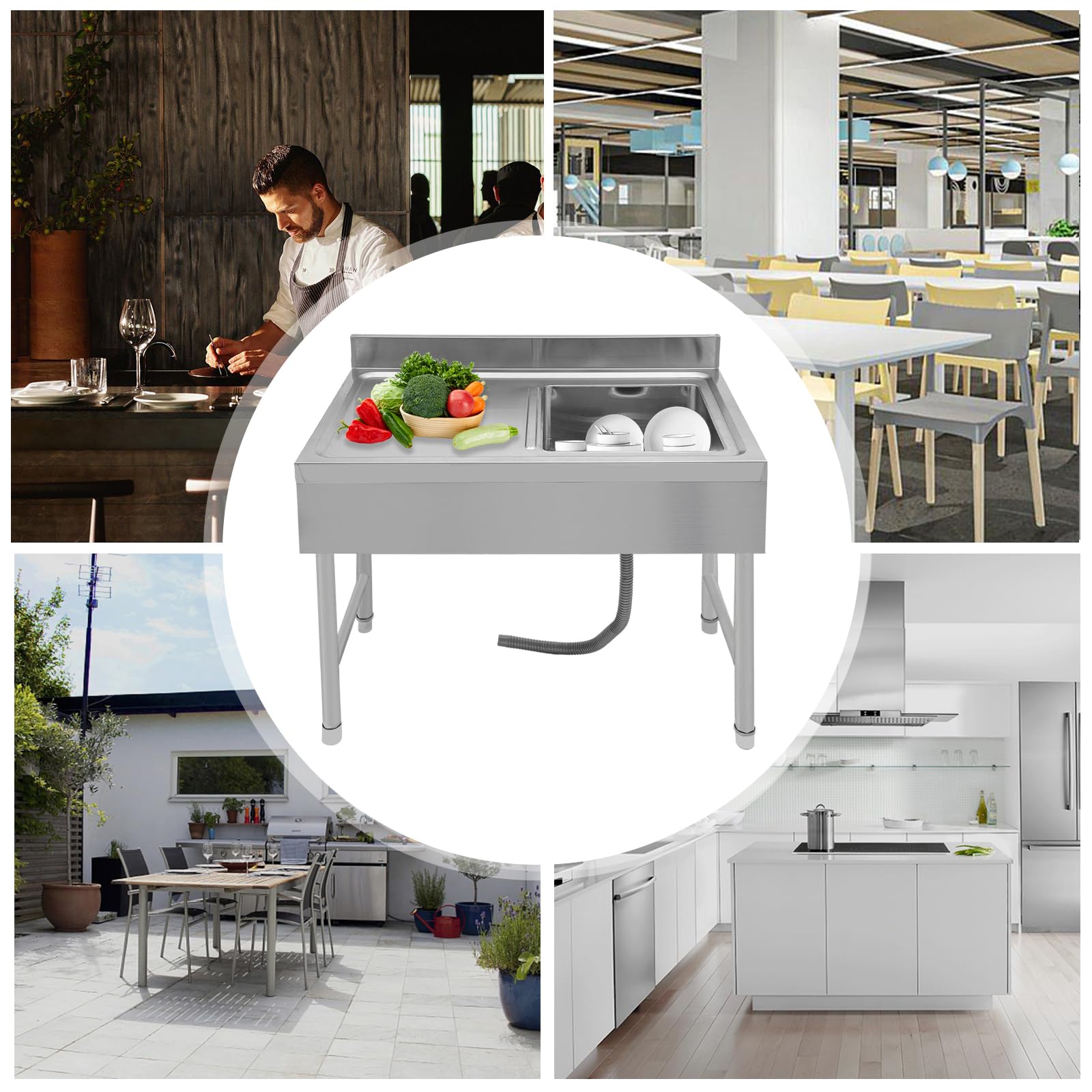 Lavandino Indipendente in Acciaio Inox Rettangolare per Ristorante Commerciale Esterno e Lavanderia