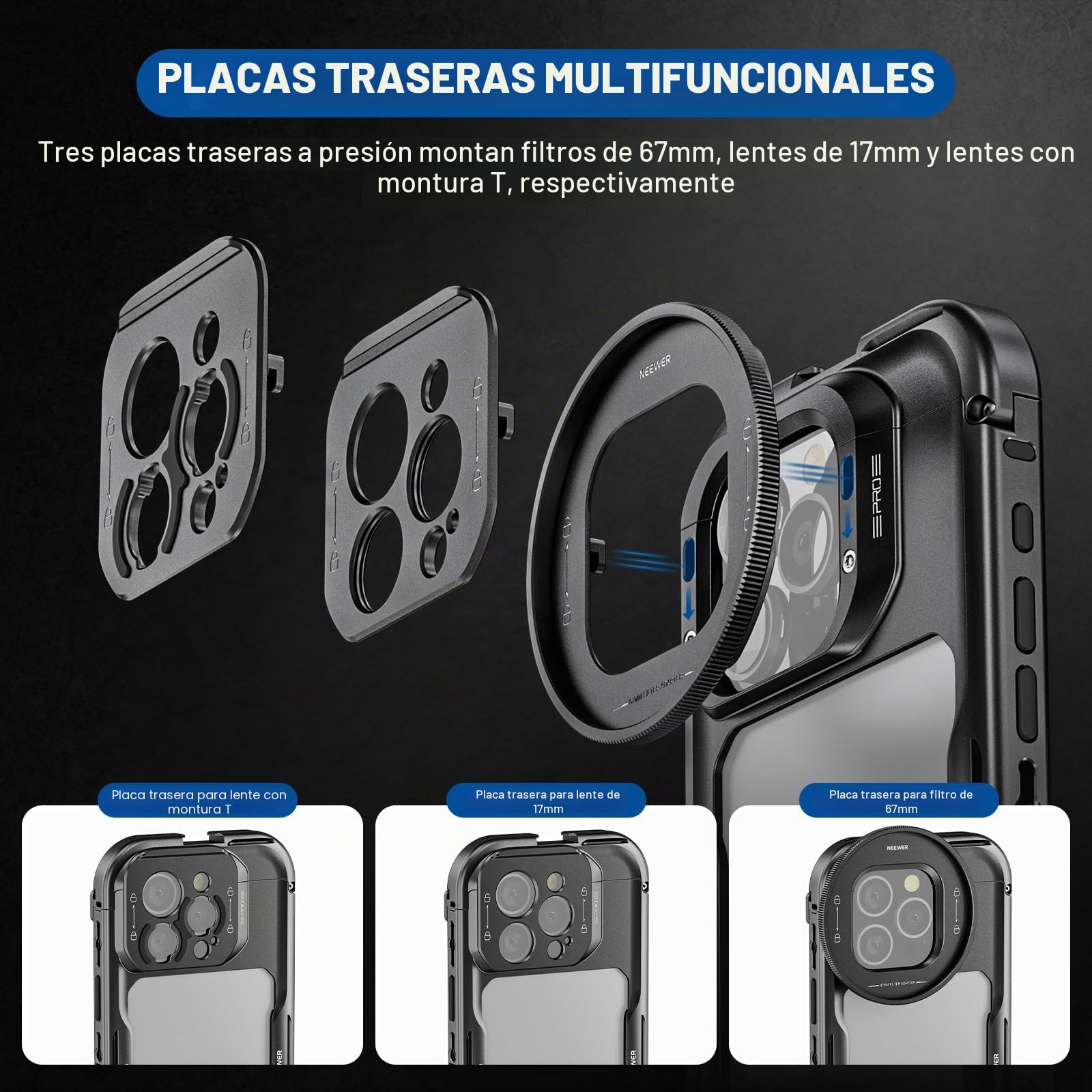 NEEWER 16 Pro Cage, estabilizador Video de teléfono Compatible con iPhone 16 Pro con Adaptador Filtro 67mm, Backplate de Lente 17 mm, Adaptador Objetivo de Montura T Compatible con Moment, PA073
