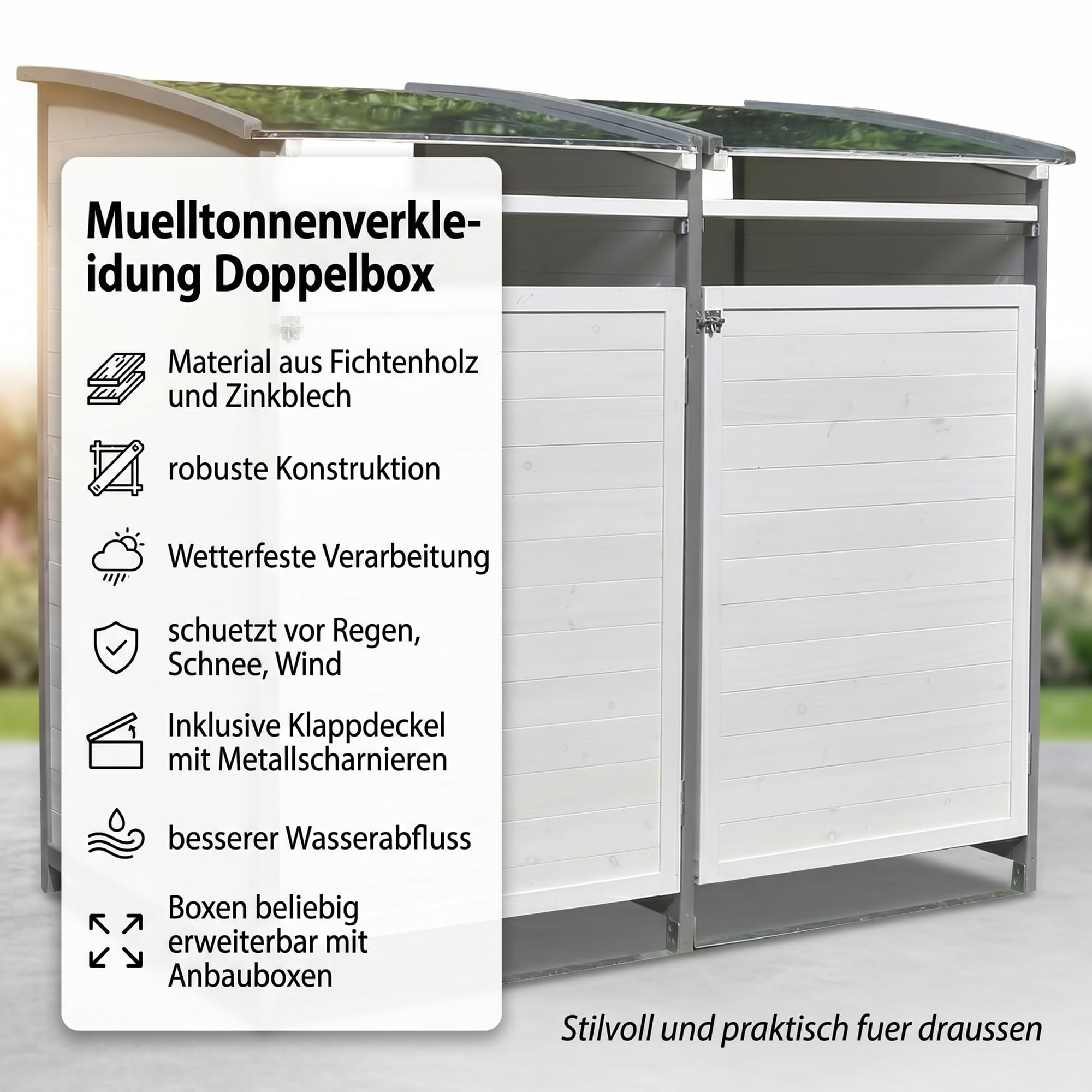 Mucola Mülltonnenbox 240 L aus Holz in Anthrazit/Weiß – stabile Mülltonnenverkleidung mit Rückwand für 1 Tonne – wetterfeste Tonnenbox 140 × 85 × 127 cm für Garten & Einfahrt