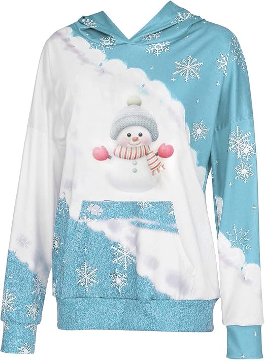 Women's Christmas Blue Sweater Color Block Hooded Long Sleeve Pullover