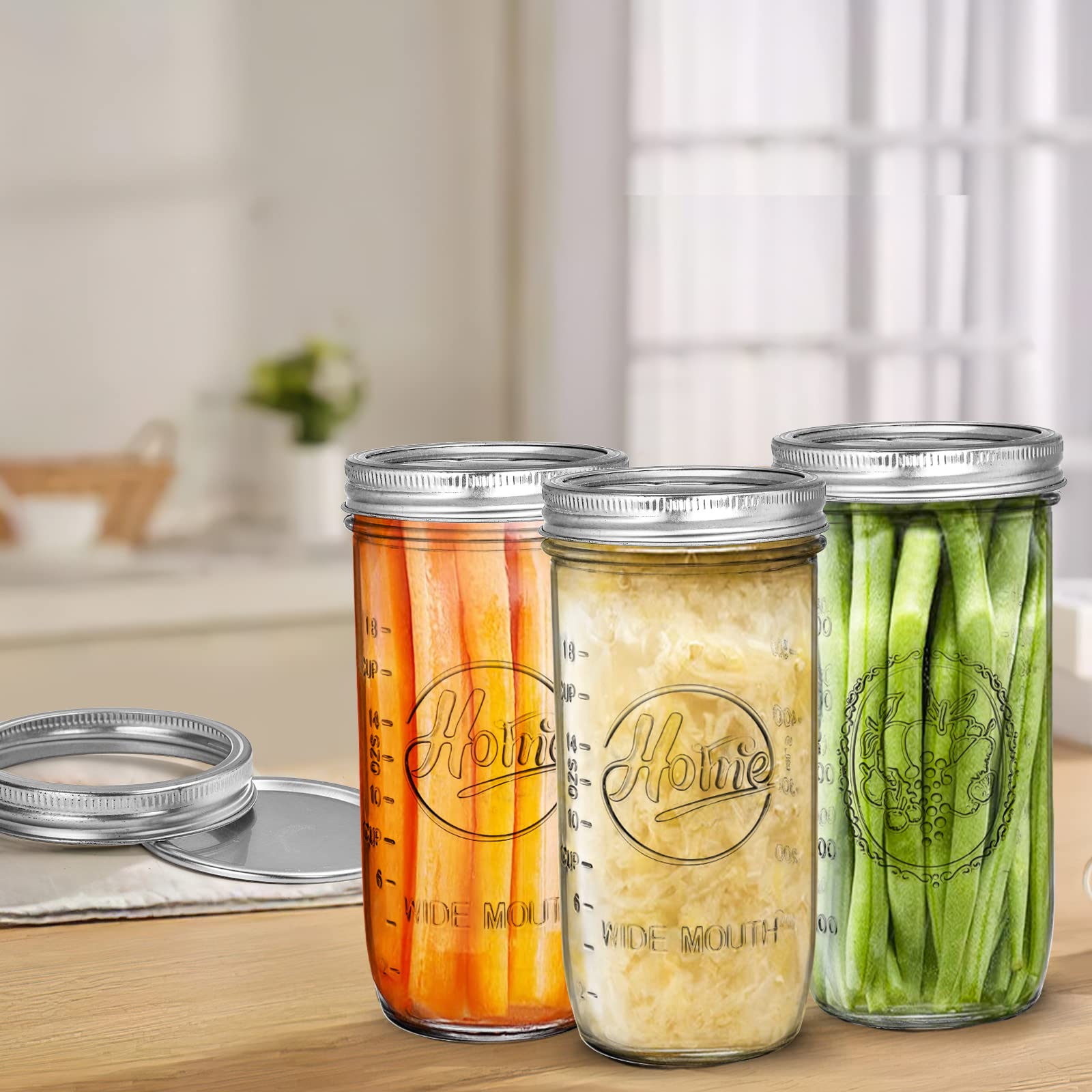 Tebery Paquete de 6 tarros de vidrio de boca ancha con tapas herméticas y bandas, tarros de vidrio de 24 onzas para conservas, fermentación, decapado, preparación de comidas, avena nocturna,