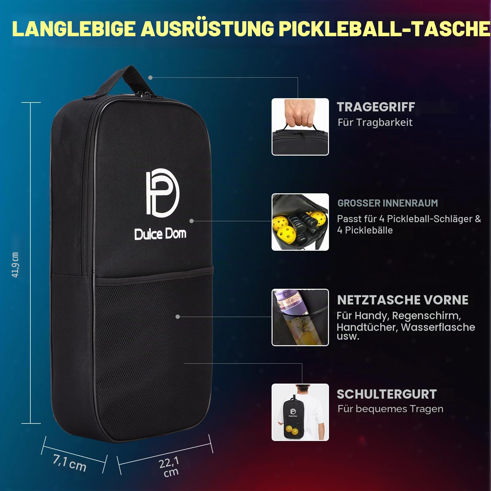 DULCE DOM Pickleball-Paddel, 2er- / 4er-Set, USAPA-genehmigt, Fiberglas/Kohlefaser, Pickleballschläger mit 4 Pickleball-Bällen für drinnen und draußen, Pickleball-Tasche, ideales