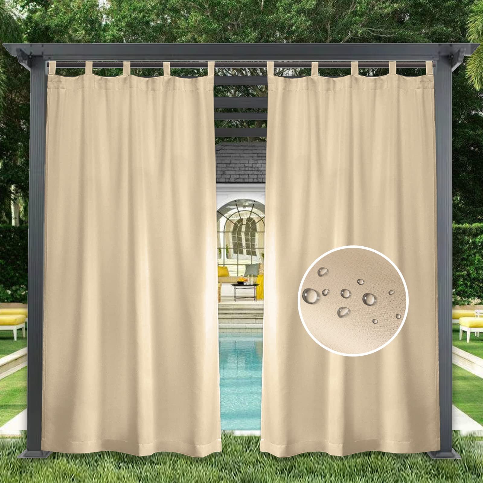 GZQIAWY 1 Panel Outdoor Curtains Waterproof Indoor Blackout Privacy Curtain for Patio Pool Hut Pavilion Gazebo Pergola,90 in x 80 in (W x L),Cream Color — image 1