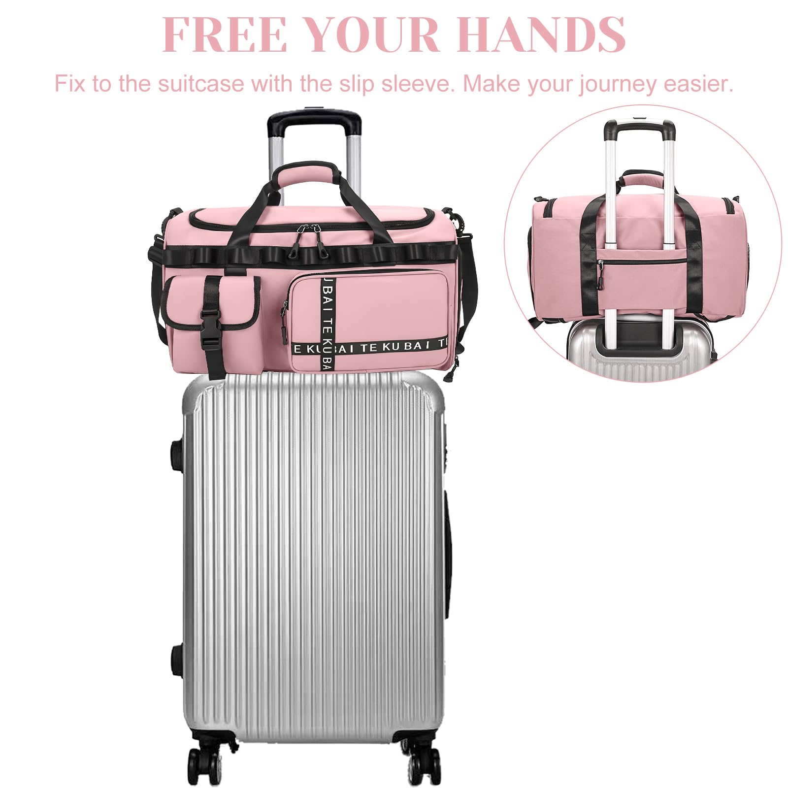 Sporttasche Reisetasche für Damen und Herren, Groß 65L Sporttaschen mit Schuhfach & Nassfach, Large Capacity Reise Tasche Gym Bag, Travel Schwimmtasche Übernachtung Tasche (Rosa)
