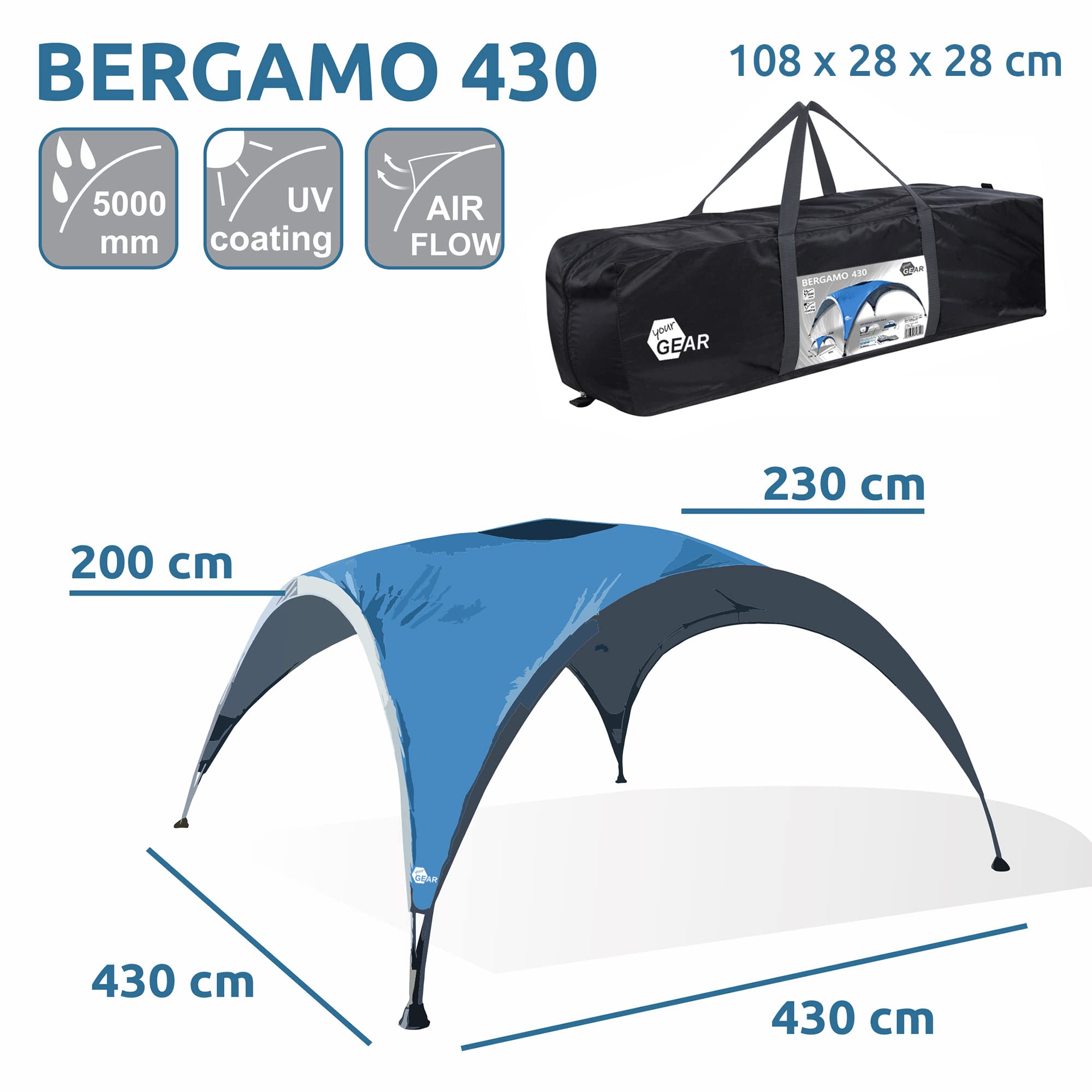 your GEAR Bergamo 430 Pavillon – Event Shelter - 18,5 m² großer Sonnenschutz Gartenpavillon für Partys und Festivals, UV 50+ Schutz, Partyzelt mit 5000 mm wasserdicht