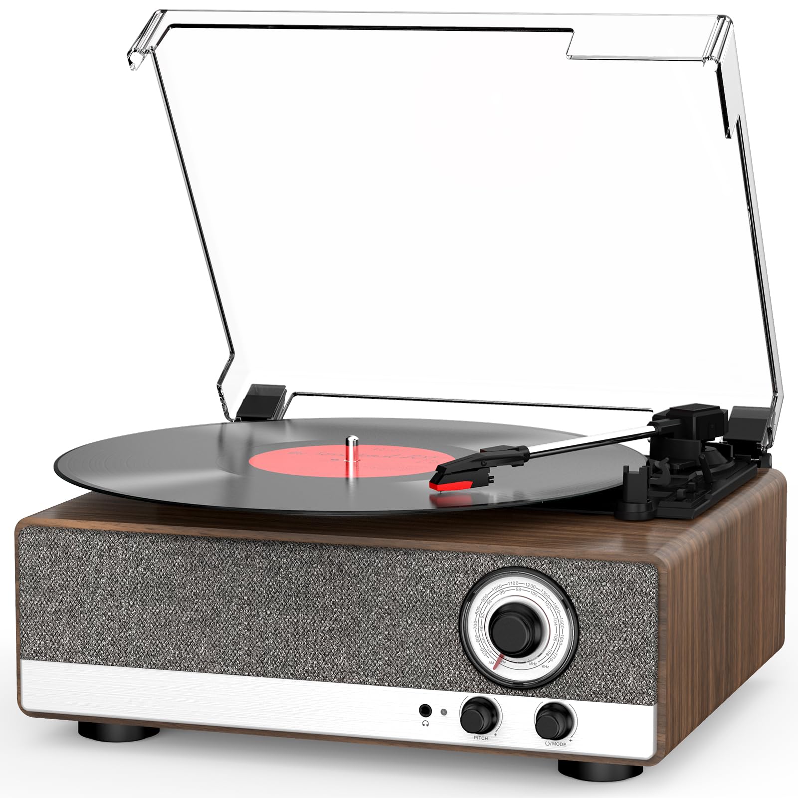 Photo 1 of 7-in-1 Vinyl Record Player with Built-in Speakers Bluetooth in & Out Belt Drive 3-Speed Turntables for Vinyl Records Support AM/FM Radio, Pitch Control & RCA Line Out & Auto Stop, Walnut