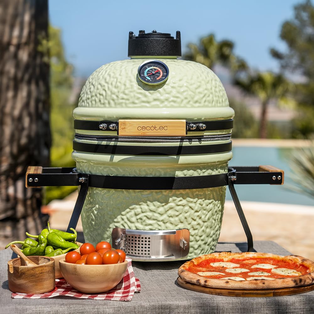 Cecotec Kamado Barbacoa de Carbón Cerámica Ø 32cm DragonFire 3200. Asa, Ahuma, Hornea y Guisa, Resistente a 1000ºC, Diámetro 32cm, Soporte Hierro Fundido, Cámara Hermética, Ruedas, Termómetro