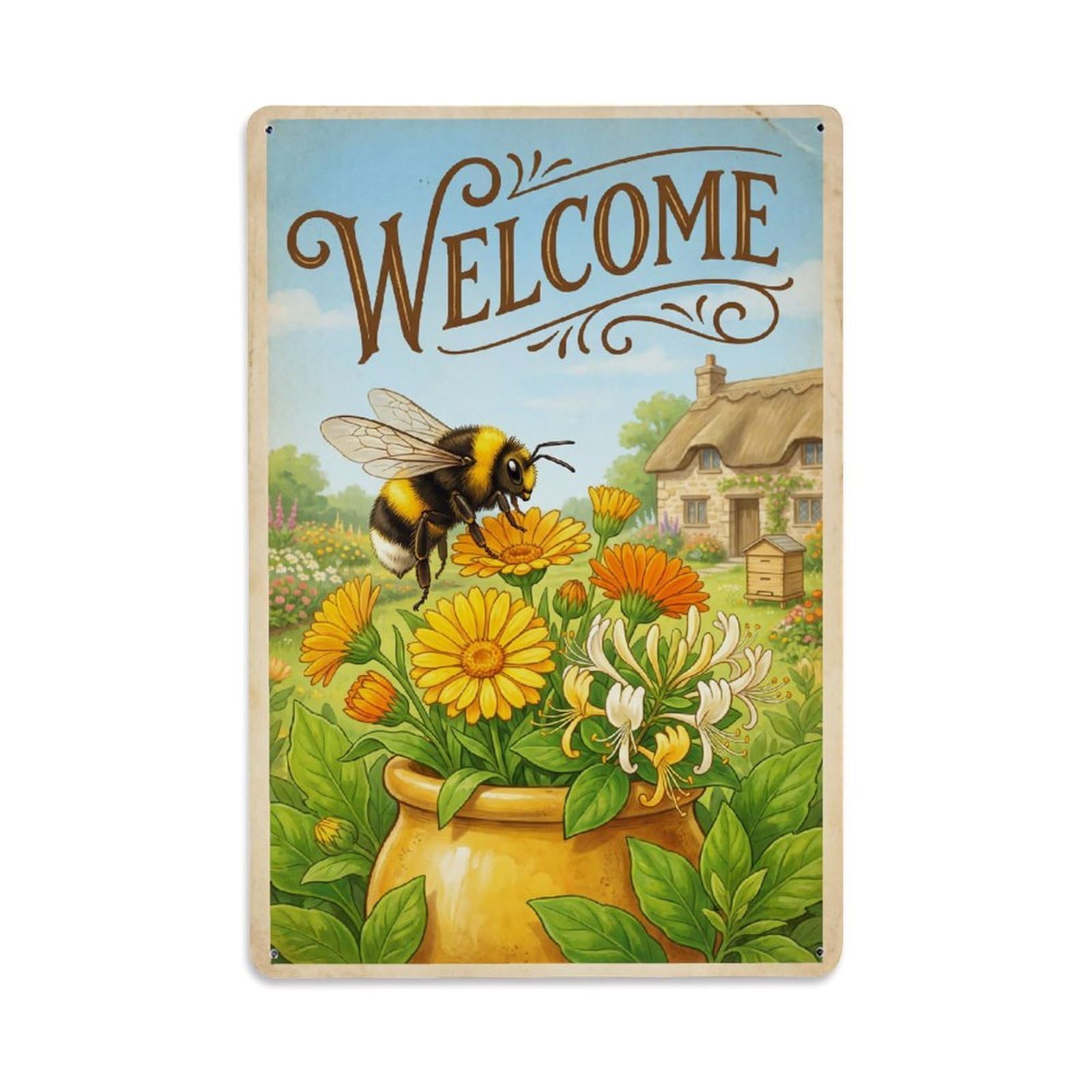 Cxhjca 8X12inch(20X30cm) Vintage Welcome Bee Farmhouse Metal Tin Sign