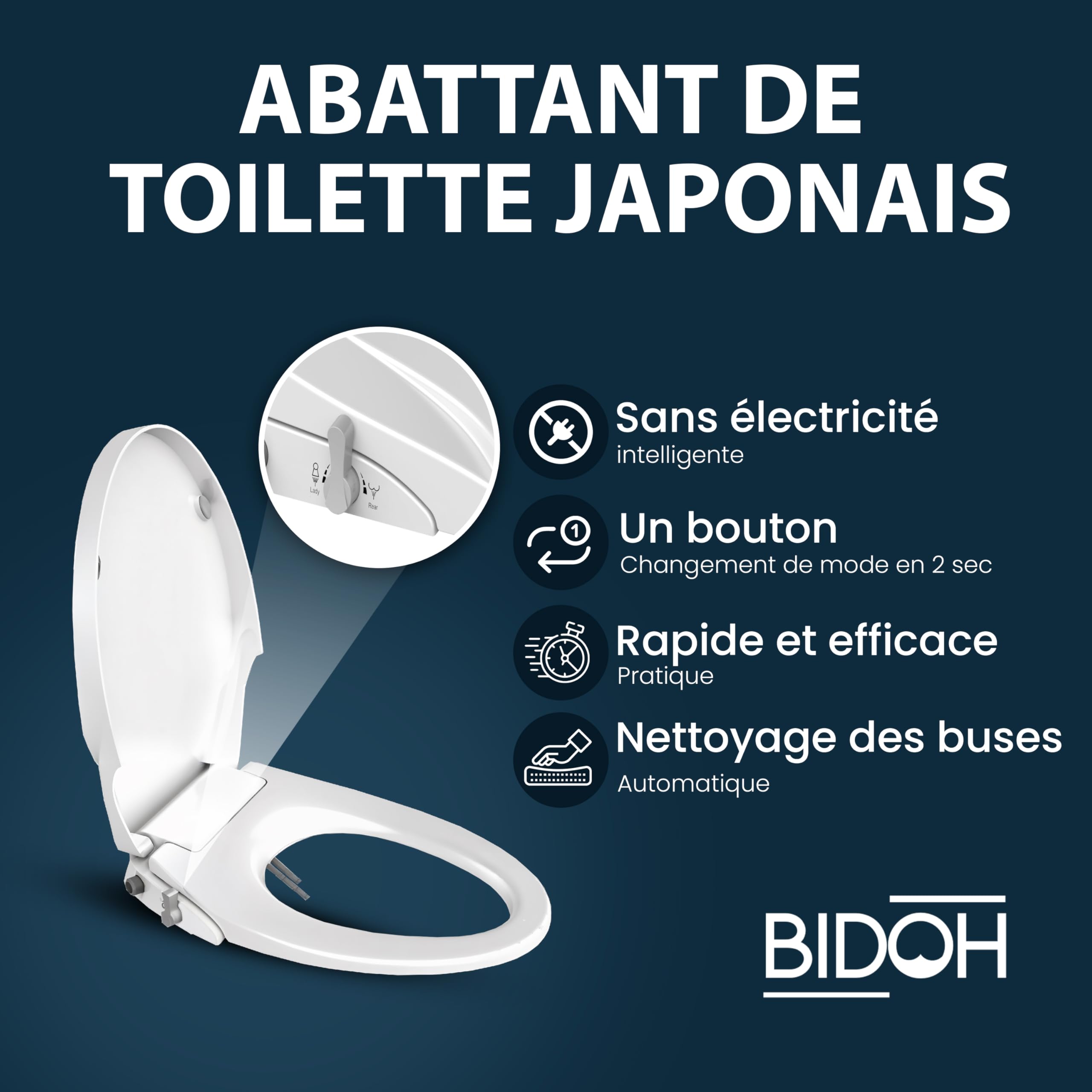 Siège Toilette Japonaise Complet, Abattant WC Lavant en O avec Double Buses homme et femme, Bidet WC, Non Électrique Frein de Chute - Forme en (O)