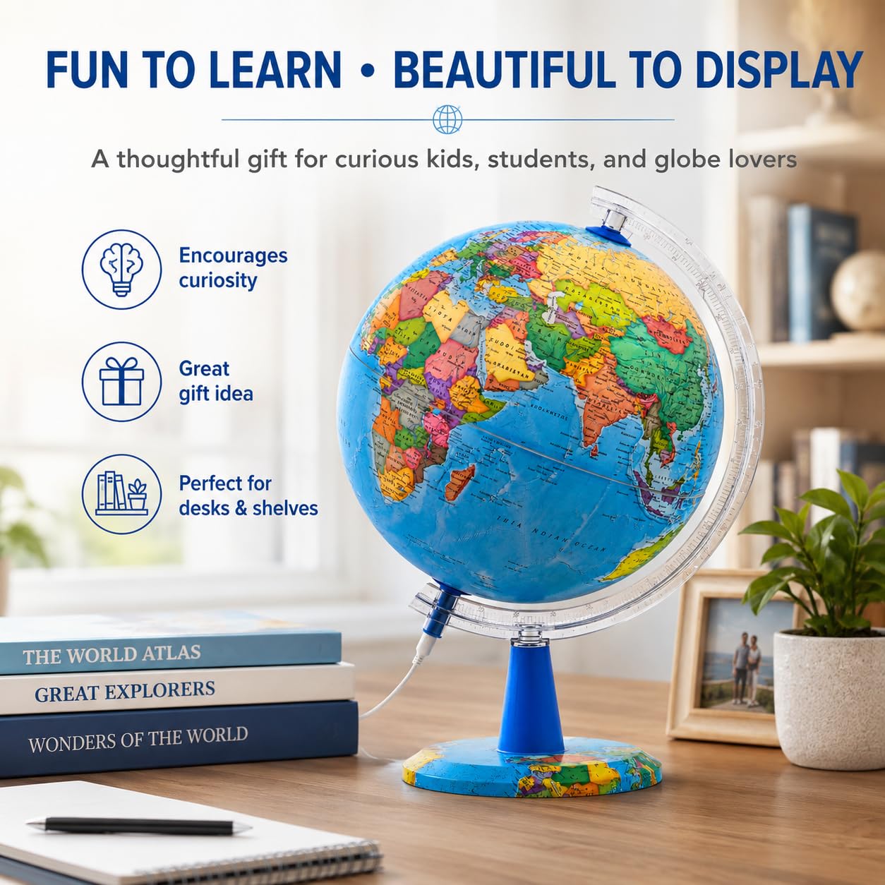 Mappamondo illuminato da 20 cm, con mappa inglese, moderno mondo politico, educativo, geografico, decorazione da tavolo
