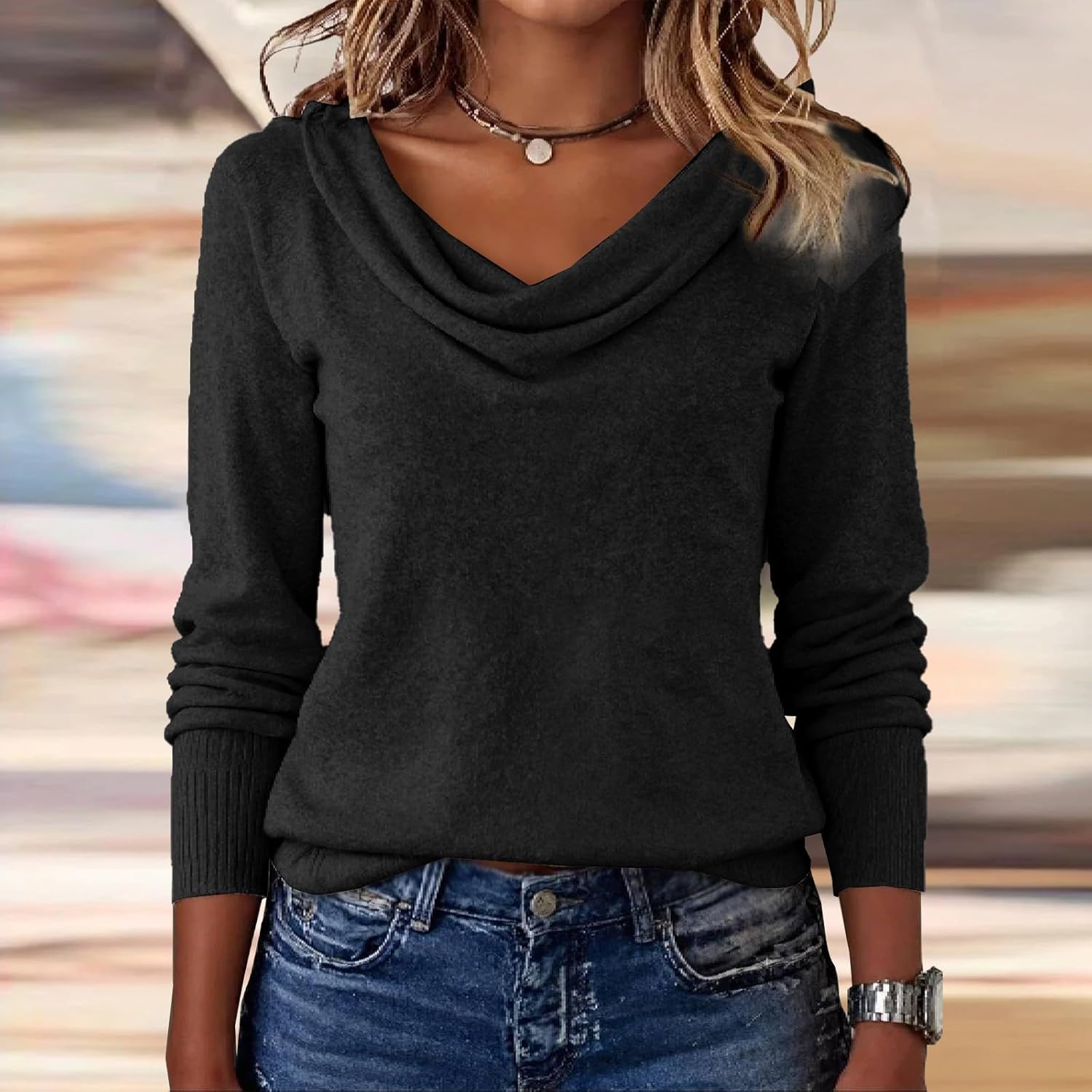 Cowl Neck Sweater for Women Cozy Long Sleeve Cashmere Sweaters Casual Loose Knit Pullover Trendy Lightweight Jumper Tops - Image 3