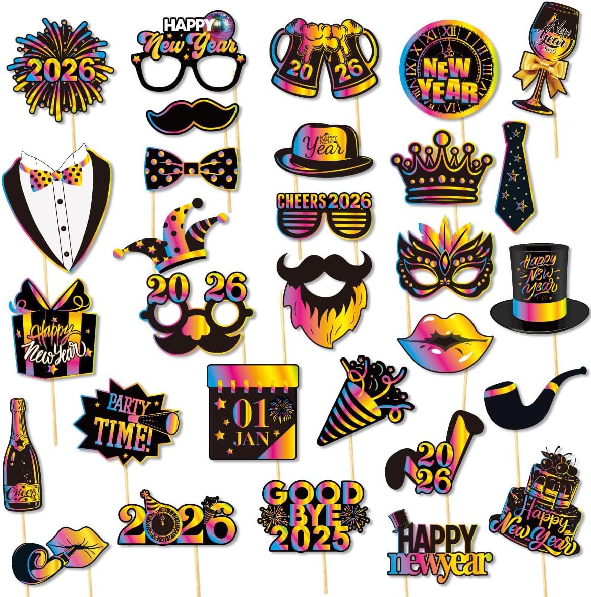 30 Pcs Happy New Years Photo Booth Props 2026 Photo Props Funny Festive Party Decorations Supplies