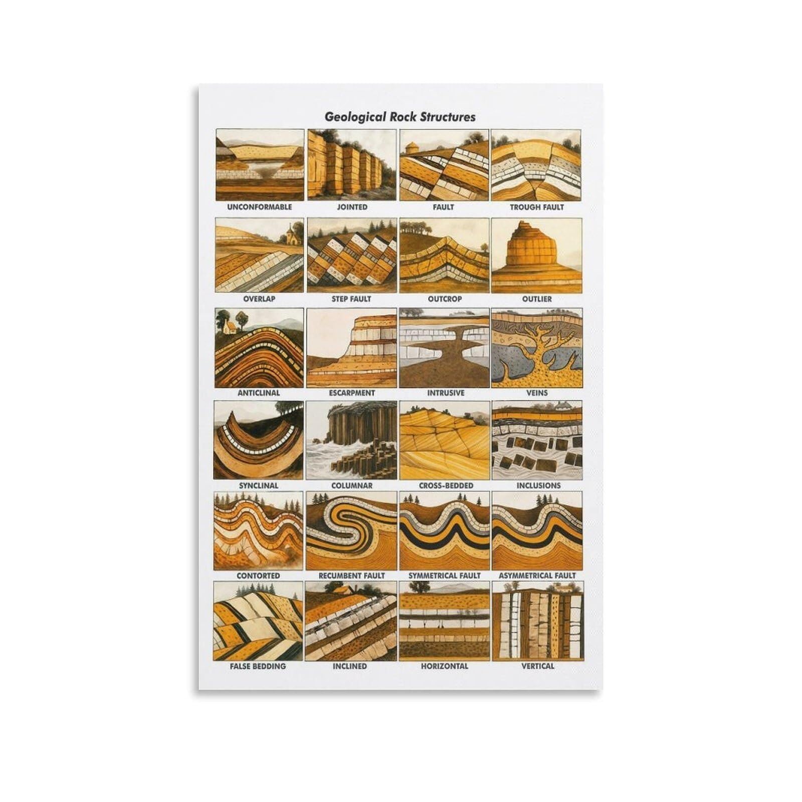 MDBJTCYZN Types of Geological Rock Structures Chart - Folds Faults and Joints Identification Poster, Educational Wall-Art for Geology Students Study(Unframed,12x18inch(30x45cm))