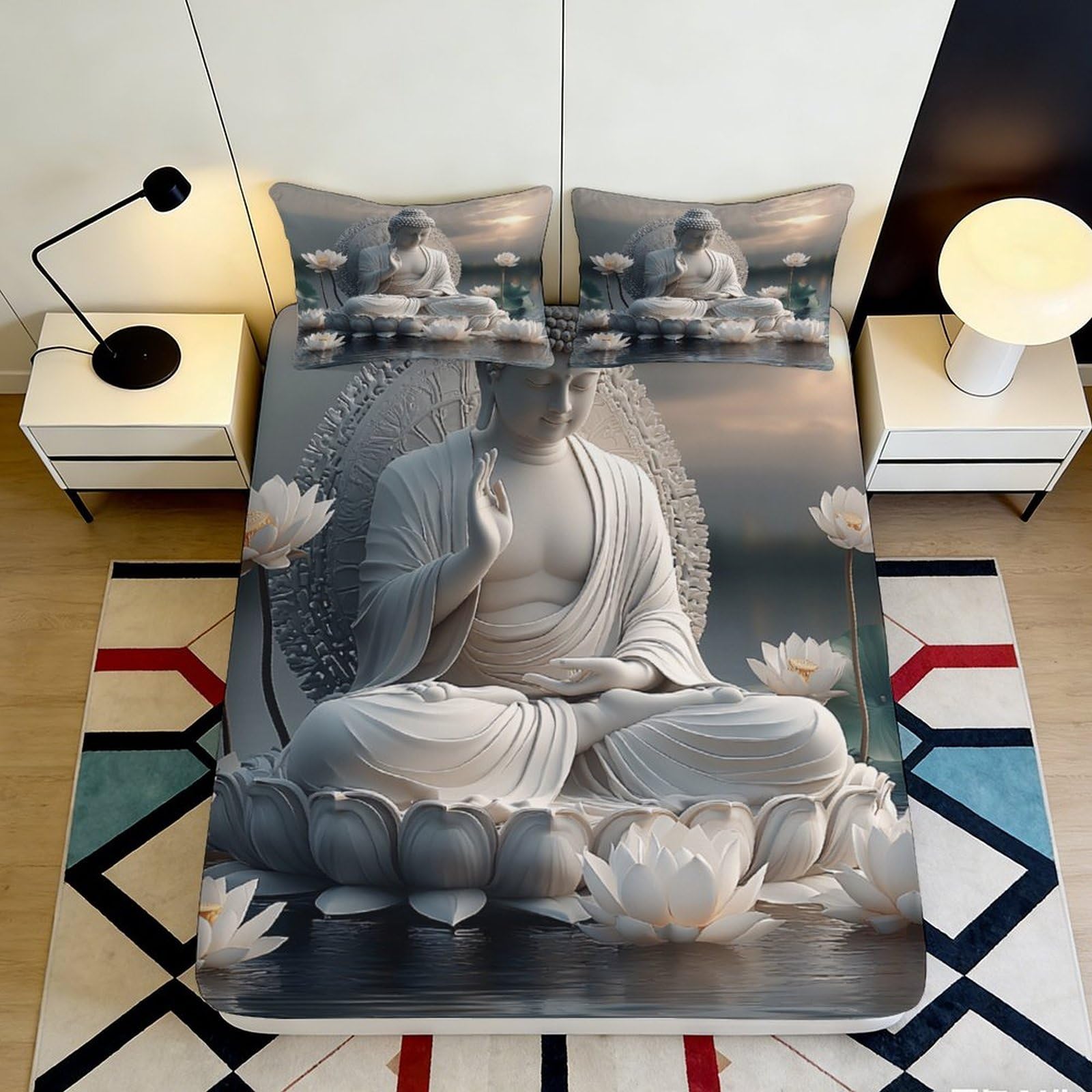 Jqzkxnhpbr Style-5 3D Printed Buddha Statue Fitted Sheet Microfiber Soft Grey Lotus Bed Cover For Bedroom Guest Room Decor 90X200x25cm