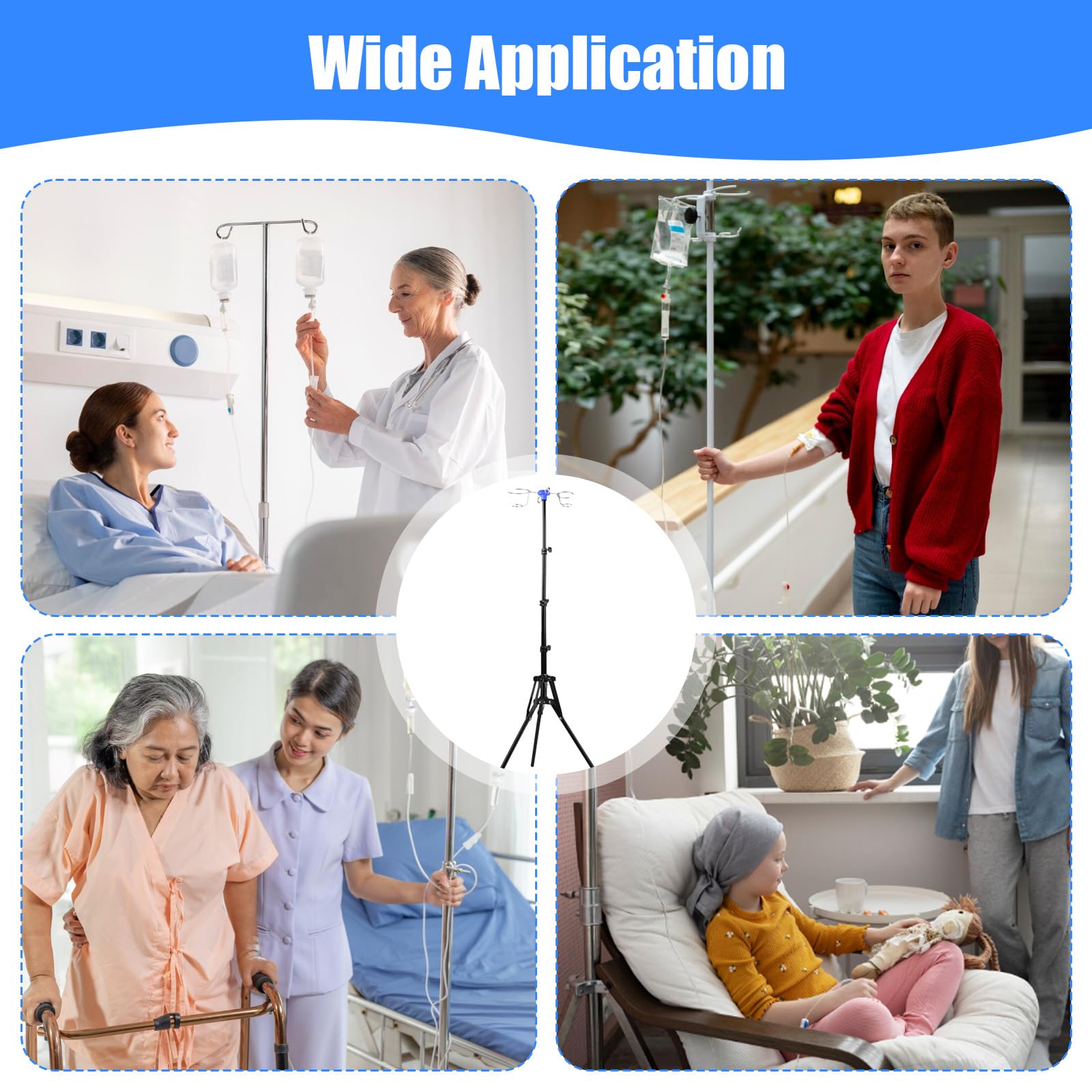 Supporto regolabile per infusione, pieghevole, altezza regolabile 87-190 cm, scolapiatti con 4 ganci e pratico supporto per fiale, con treppiede stabile, per ospedale e cura domestica