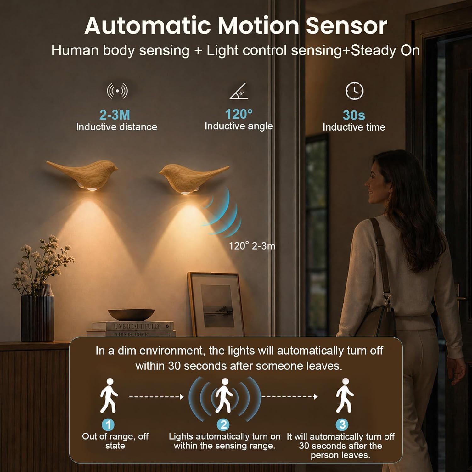 Luz nocturna LED con sensor de movimiento, paquete de 2 apliques de pared recargables, encendido/apagado automático, brillo suave para pasillos, dormitorios, escaleras, solución de iluminación de bajo