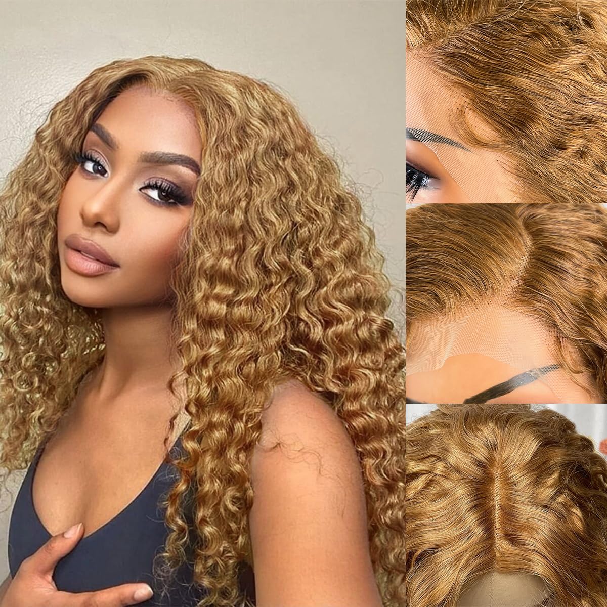 BrennasHoney Blonde Lace Front Wigs Human Hair #27 Light Brown Colored 10A Blonde Deep Wave Wig Lace Front for Women 13x4 HD Transparent Pre Plucked Blonde Curly Glueless Wigs 180% Density 22 Inch