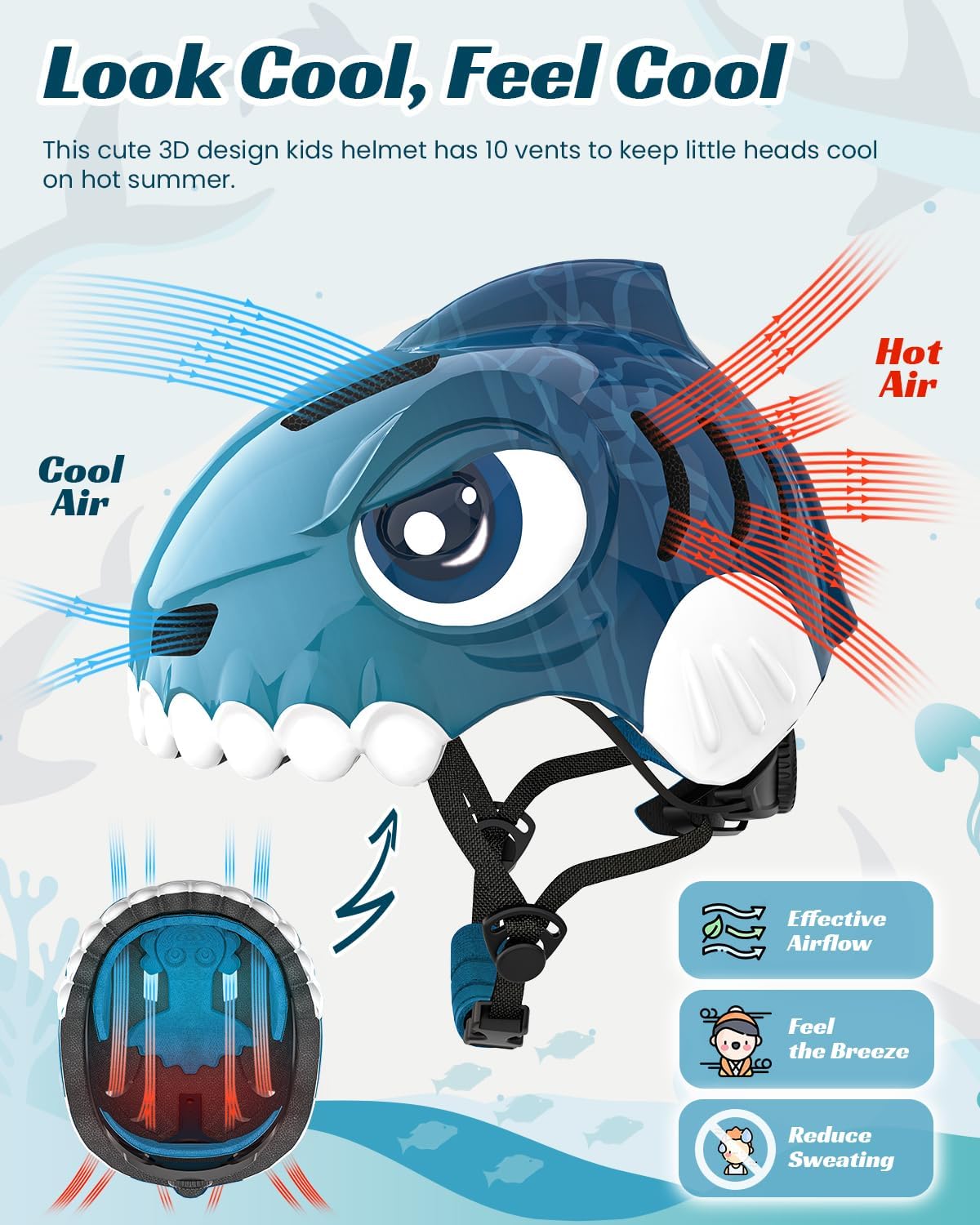 Casco Bicicleta Niño 3D Animados Casco Bici para Niños y Niñas de 3-8 Años Ajustable Casco Bici Bebe con Juego Protectores para Bicicleta, Patinete y Skateboard (Azul, S: 50-54 cm)