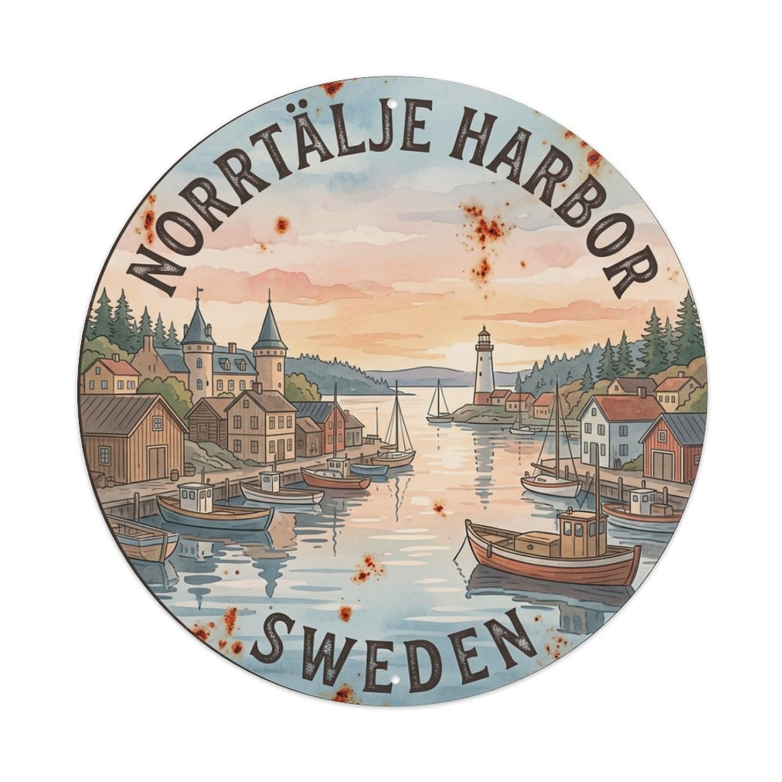 Vintage Travel Norrtalje Sweden Harbor Metal Tin Sign