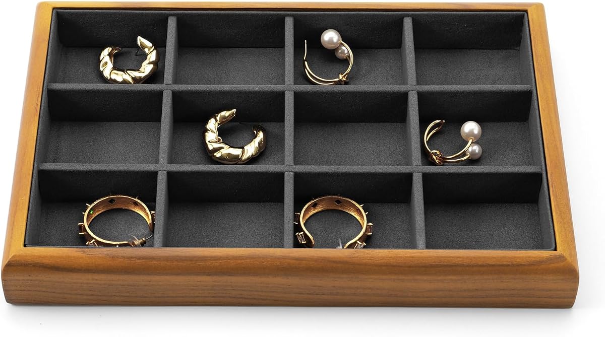 Bandeja para joyas de madera con 12 compartimentos Oirlv gris oscuro | Marco de madera maciza, interior de microfibra suave, 9,84 x 17 x 1,18 pulgadas, almacenamiento de joyas versátil, construcción robusta, exhibición elegante