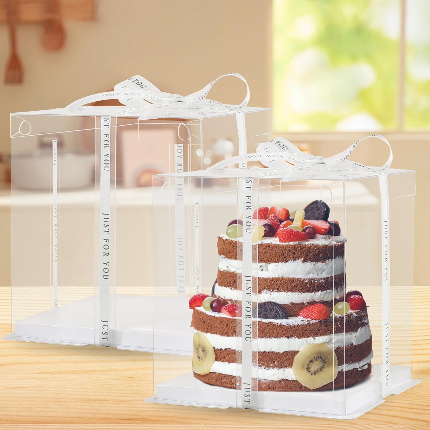 cake box-14 * 14 * 10inch/4pcs, Clear Display Gift Boxes with RibbonStackable Food Storage Containers for Pastry (Clear, 14 * 14 * 10inch/4pcs)