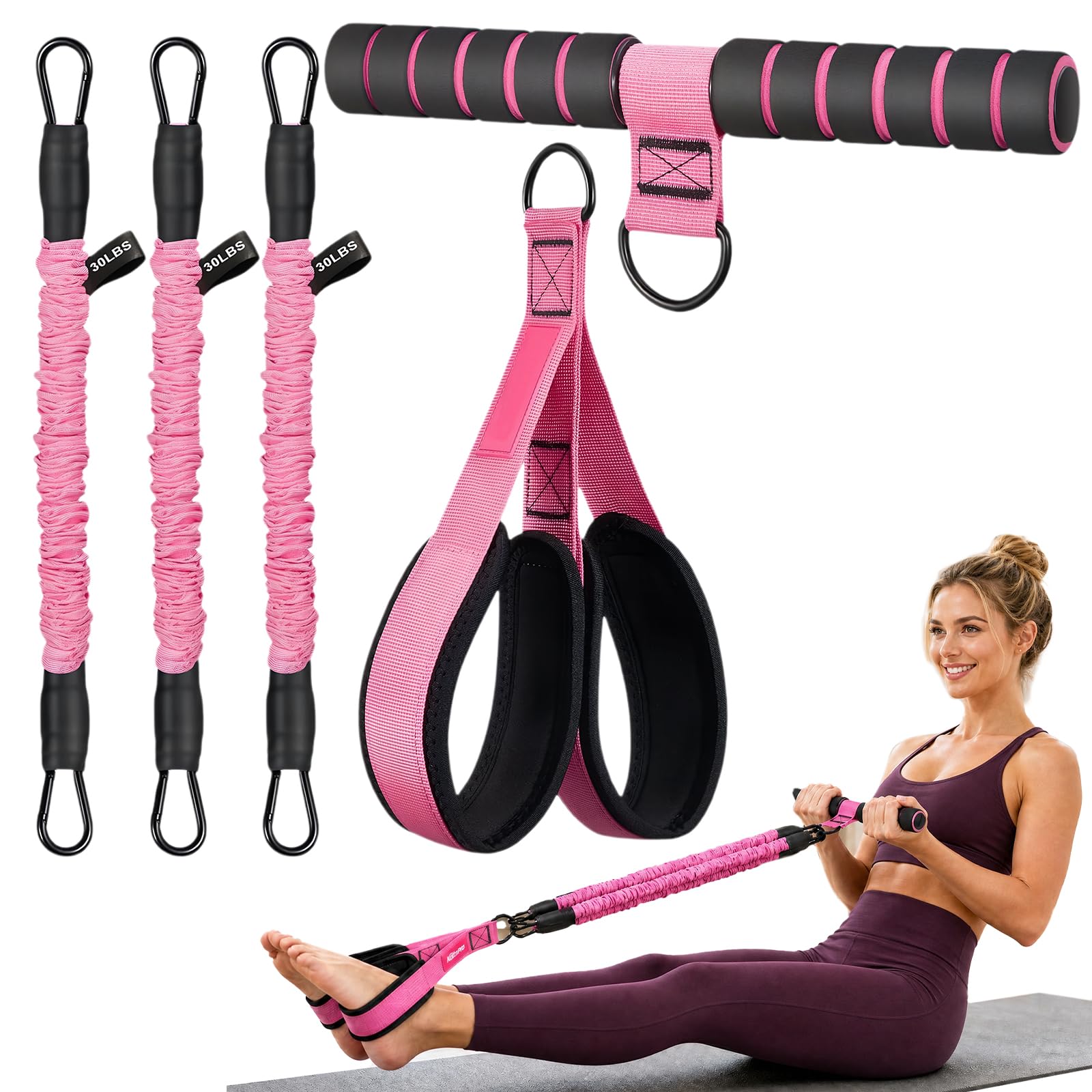 Multifunction Pedal Resistance Band with Handle, 3 Tube Adjustable Foot Pedal Resistance Band for Waist Abdomen Arm Core/Abs Leg Workout