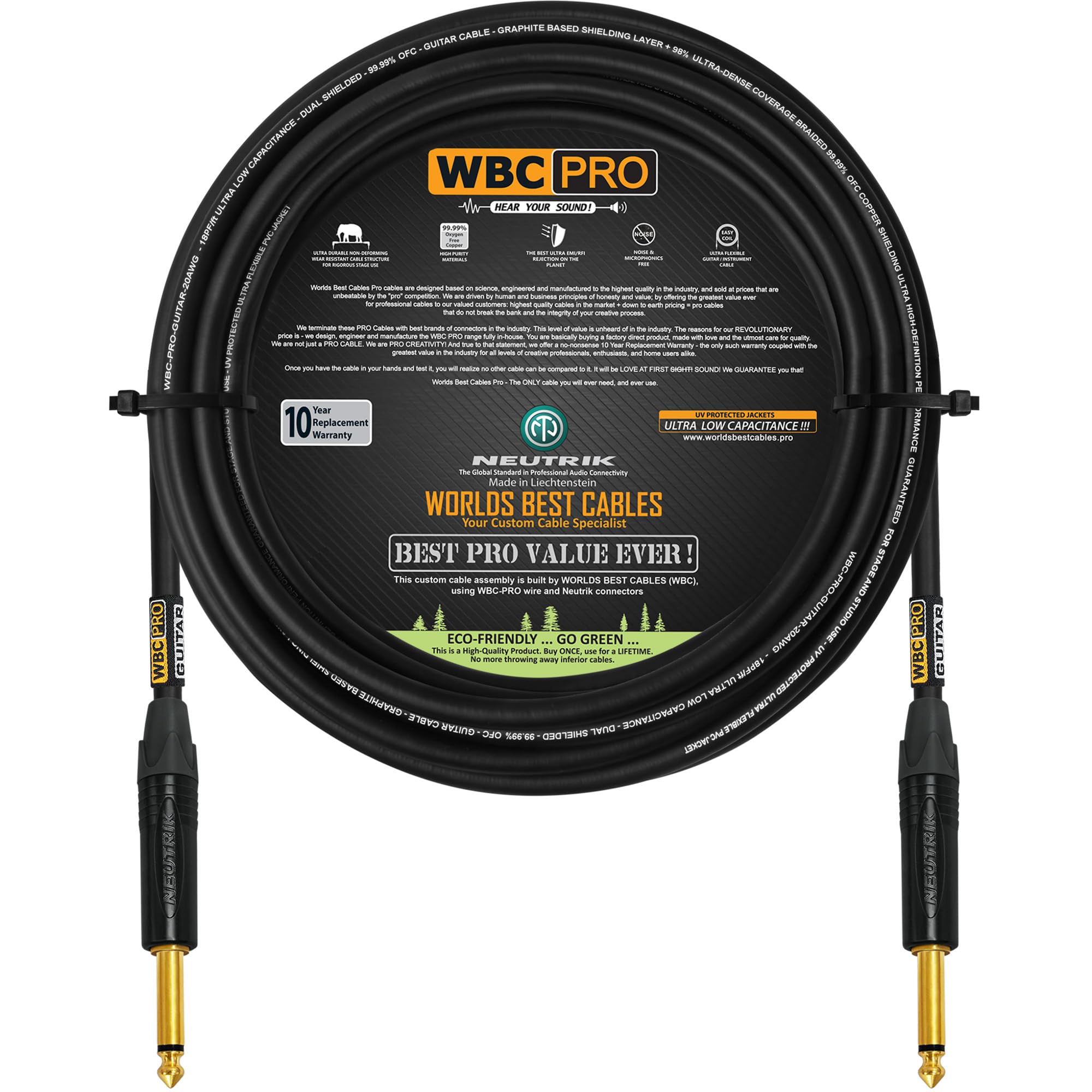 WBC-PRO-GUITAR - 5 metros - 20 AWG - Baja tapa (18pF/ft) - Grado profesional - Basado en grafito - Cable de guitarra de doble blindaje, bajo, instrumento con conectores TS dorados Neutrik NP2X-B de ¼