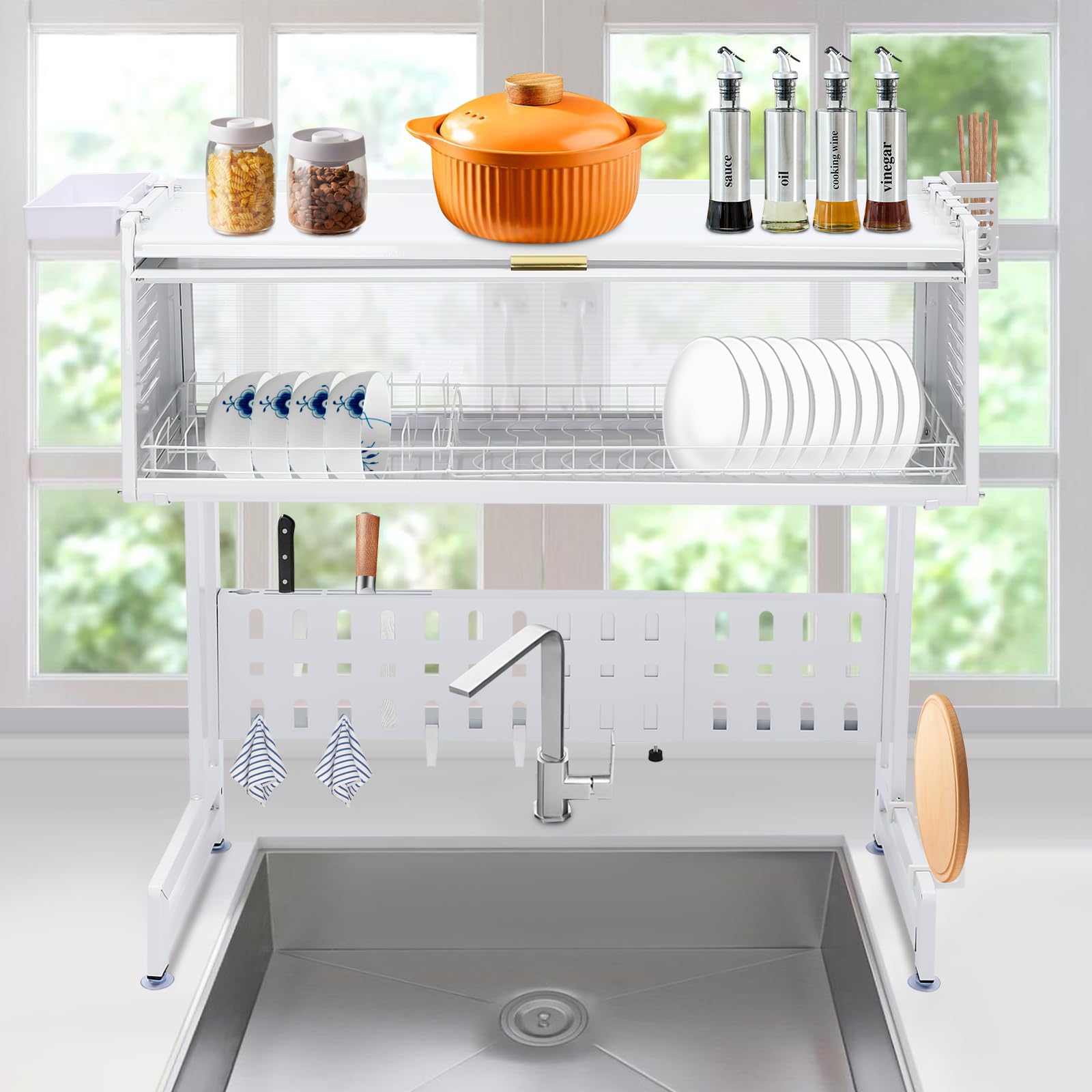 Abtropfgestell Geschirr Trockengestell über der Spüle, 3 Ebenen Kohlenstoffstahl Geschirrständer Dish Drying Rack, Erweiterbar Geschirrabtropfgestell Großes Geschirrtrockner für Küchentheke (Weiß)