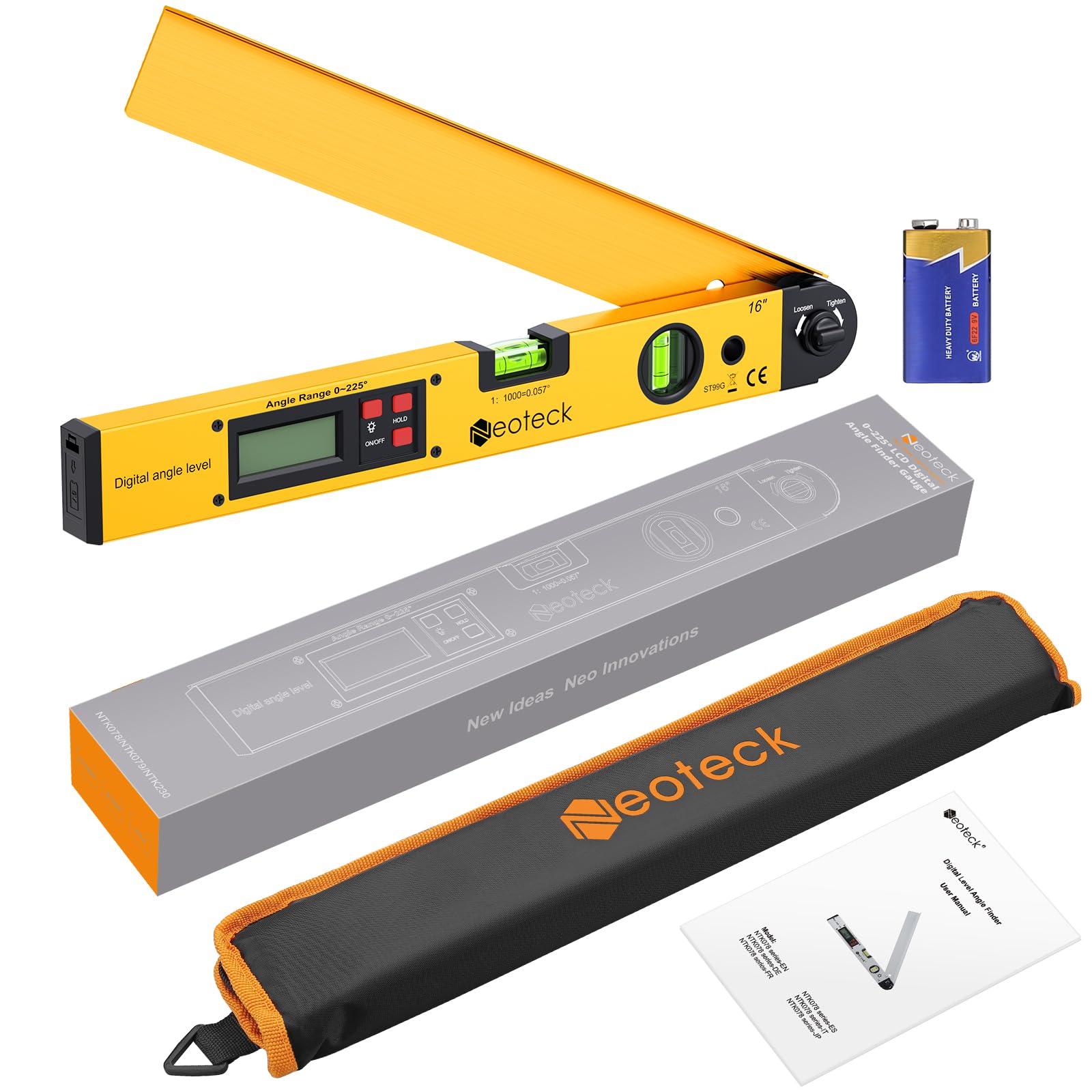 Neoteck 400mm / 16inch 0~225 ° Numérique Angle Finder Règle d'angle Horizontal NumériqueLCD Rétro-Éclairage Niveau Rapporteur avec Étui Portable pour Industrielles Restructuration du Travail Jaune
