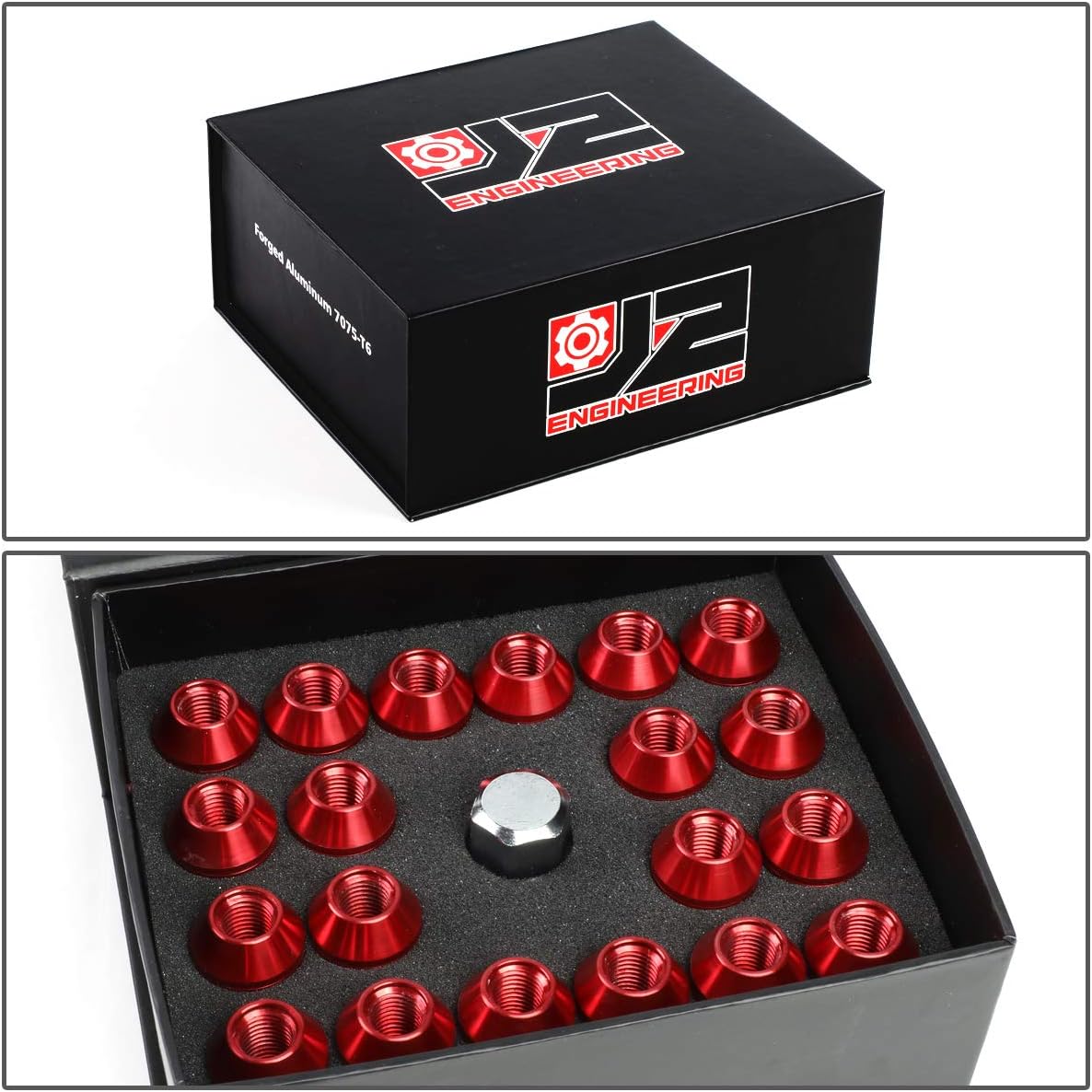 J2 Engineering LN-T7-018-15-RD 7075 Aluminum Red M12x1.5 20Pcs L: 50mm Close-End Lug Nut w/Adapter