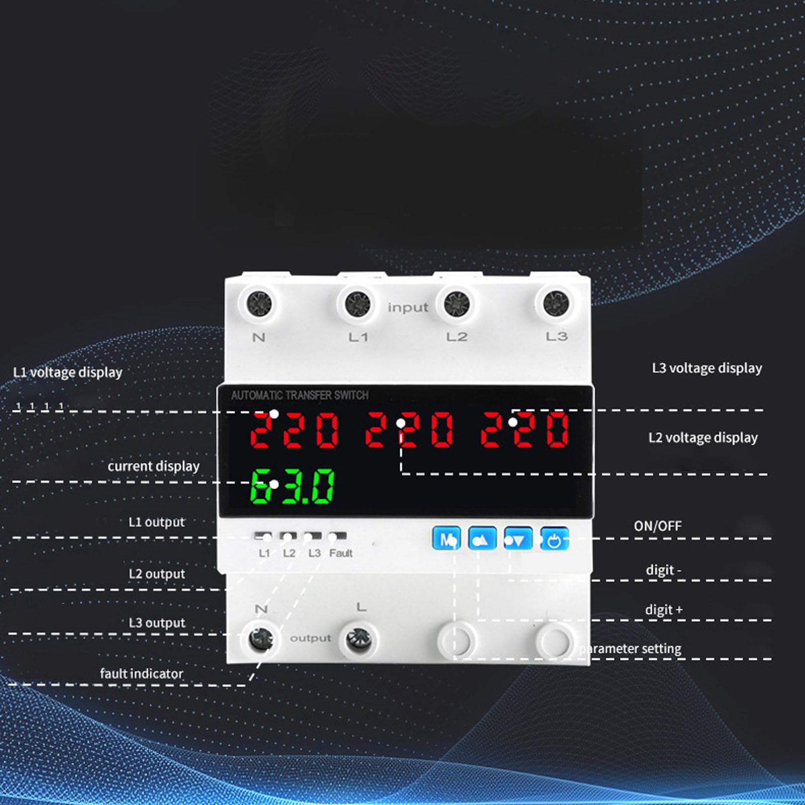 Automatischer Übertragungsschalter, 63A 4P 3PH Überstromüberspannung Unterspannung Beschützer ATS Einstellbarer LED -LED -Anzeige für Generatorwechselrichter