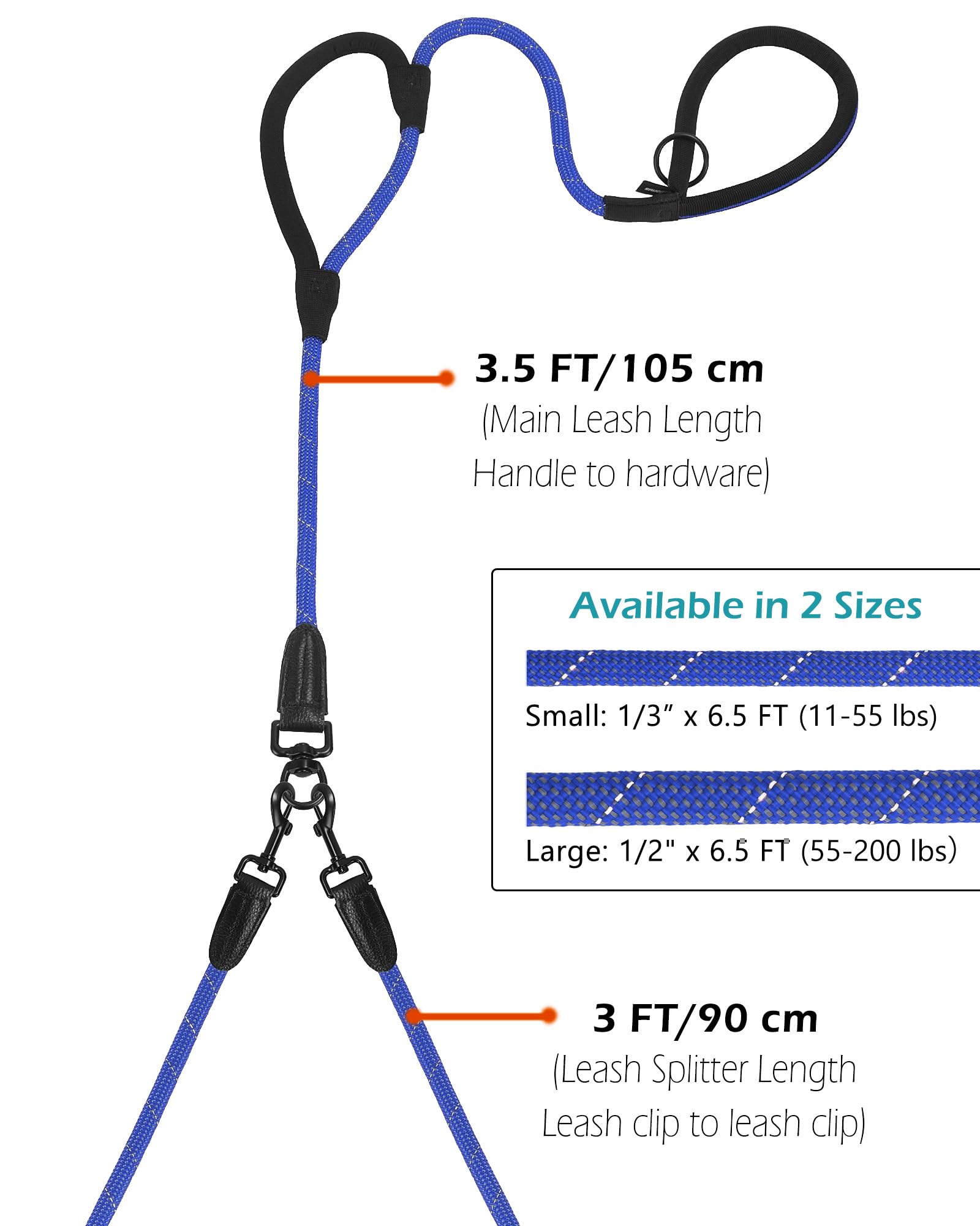 PetBonus Hundeleine Doppelleine für 2 Hunde, Keine Verwicklung Trainingsleine mit Zwei Gepolsterten Griffen, Reflektierend Nylon Doppelte Leinen für Große Mittlere Hunde 1,2×195 cm (Blau)