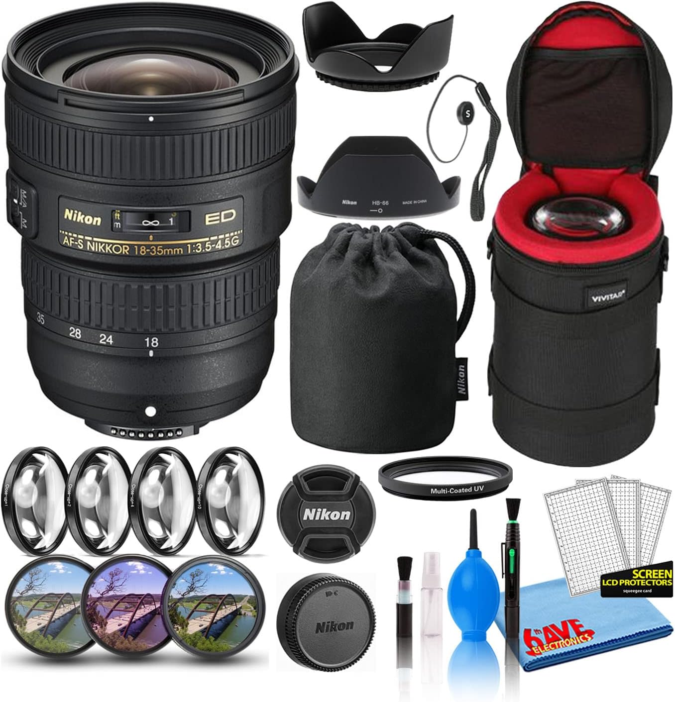 Nikon AF-S NIKKOR 18-35mm f/3.5-4.5G ED Zoom Lens (2207) with Padded Lens Case + Macro Filter Kit + UV, CPL, FL Lens Filters + Tulip Hood + Lens Cap Keeper + Cleaning Kit (Renewed)