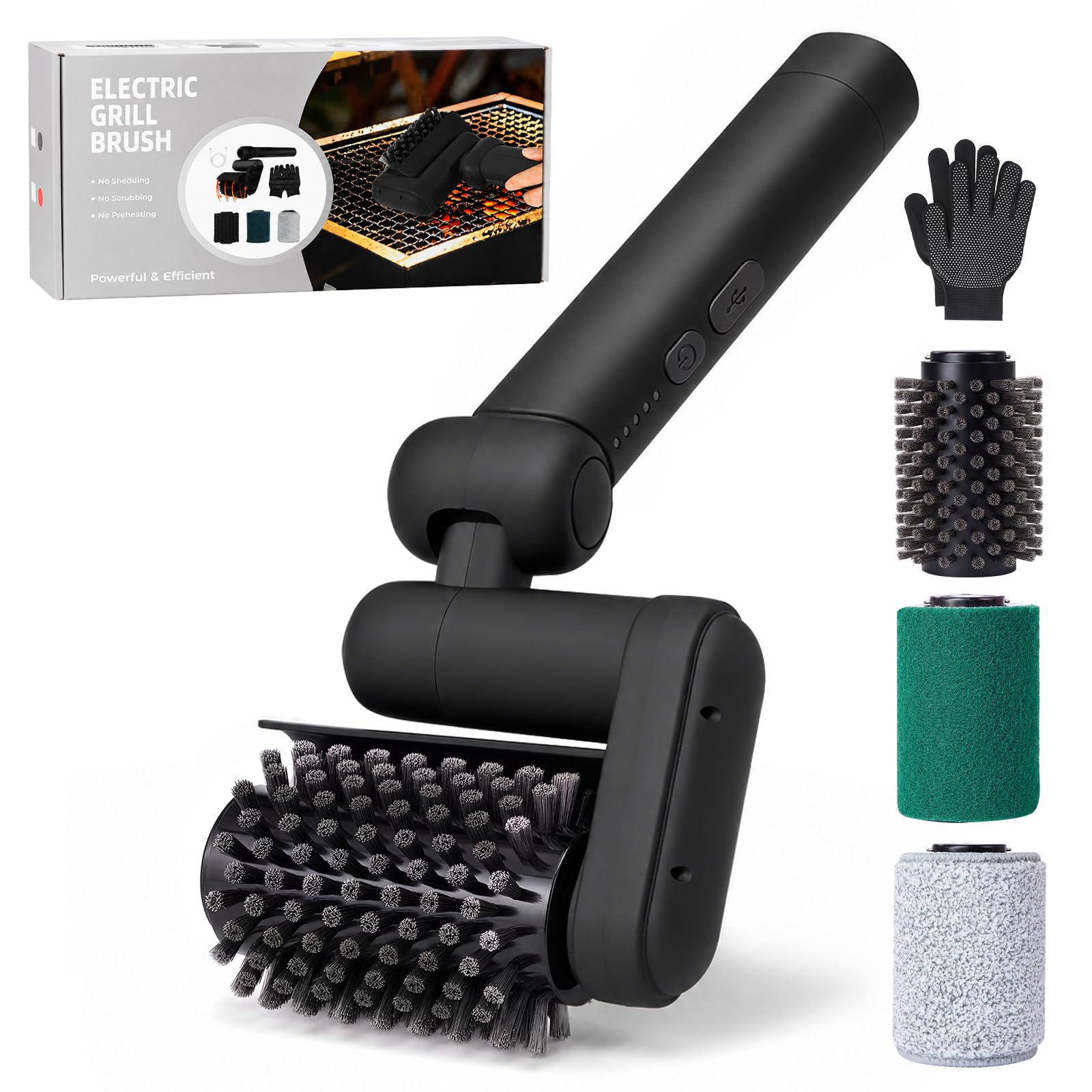 Pulisci Griglia BBQ Elettrico, Pulitore Grille Barbecue con Indicatore Batteria a 5 LED, Testa Regolabile 0/30/60 Gradi e Doppia Velocità 450 Giri/Min, Spazzola BBQ per Ghisa e Acciaio Inox