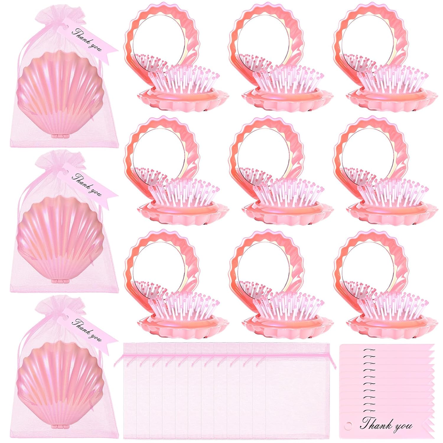 12 Set Shell Shape Pocket Makeup Mirror Mini Foldable Travel Hair Mirror With Thank You Tags Organza Bags Compact Hair Massage Comb for Purse Quinceanera Wedding Bridal Shower Gifts Party Supplie