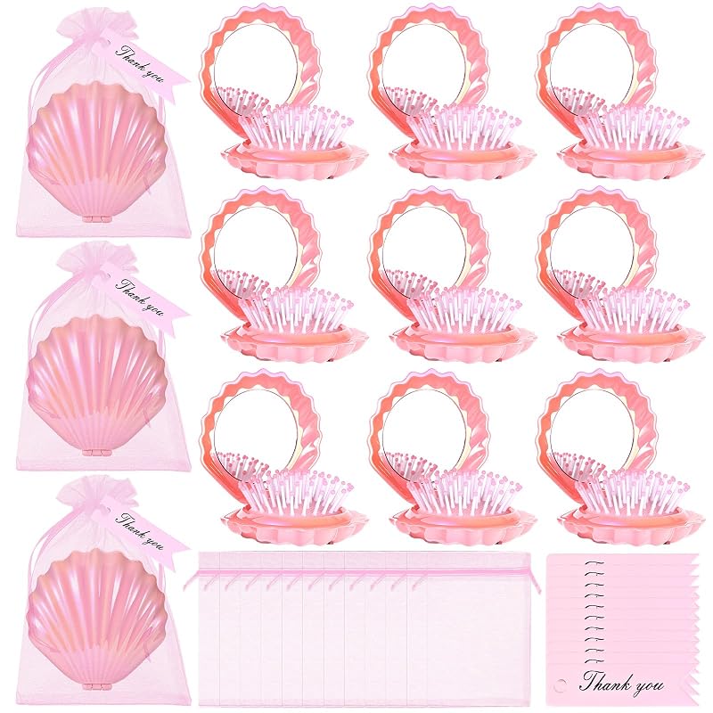 DJSSJS Conjunto com 12 escovas compactas dobráveis com espelho em formato de concha, sacos de organza e cartões de agradecimento