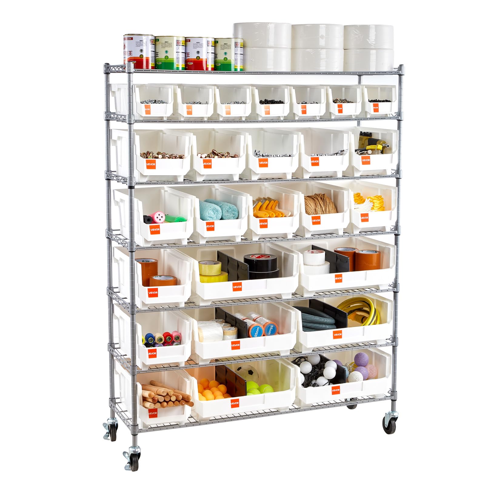 VEVOR Standregal, Lagerregal mit 7 Ebenen & 26 Stapelboxen, Bücherregal, Küchenregal mit Rollen, Fahrregal für Garage, Lager, Büro, Restaurant, Klassenzimmer, Küche, 355x1110x1480 mm