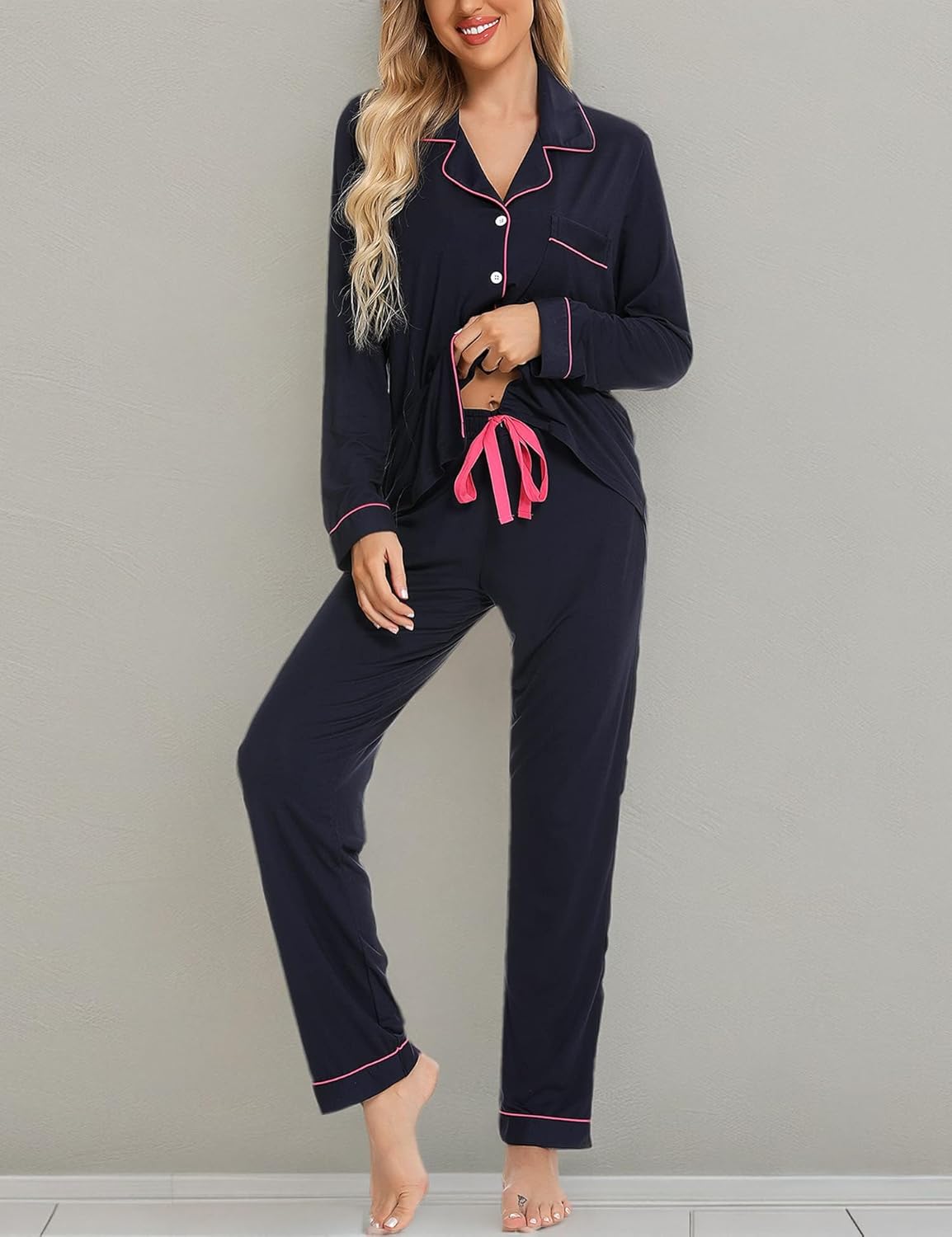 Anjue Pajamas for Women Soft Button Up Pajama Set Long Sleeve Shirt and Pajama Pants Lounge Sets S-XXL - Image 5