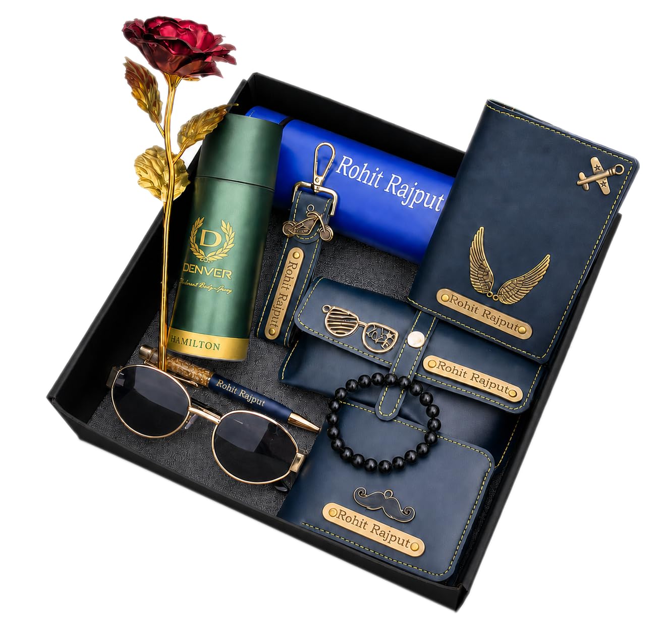 Office Kit Customized Mens Gift Hamper Set Pack of 10 | Men's Wallet Perfume, Passport, Sunglass Cover, Keychain, Water Bottle, Belt, Coffee Mug, Pen, Flower Personalized Gift for Boyfriend, Husband-image-5