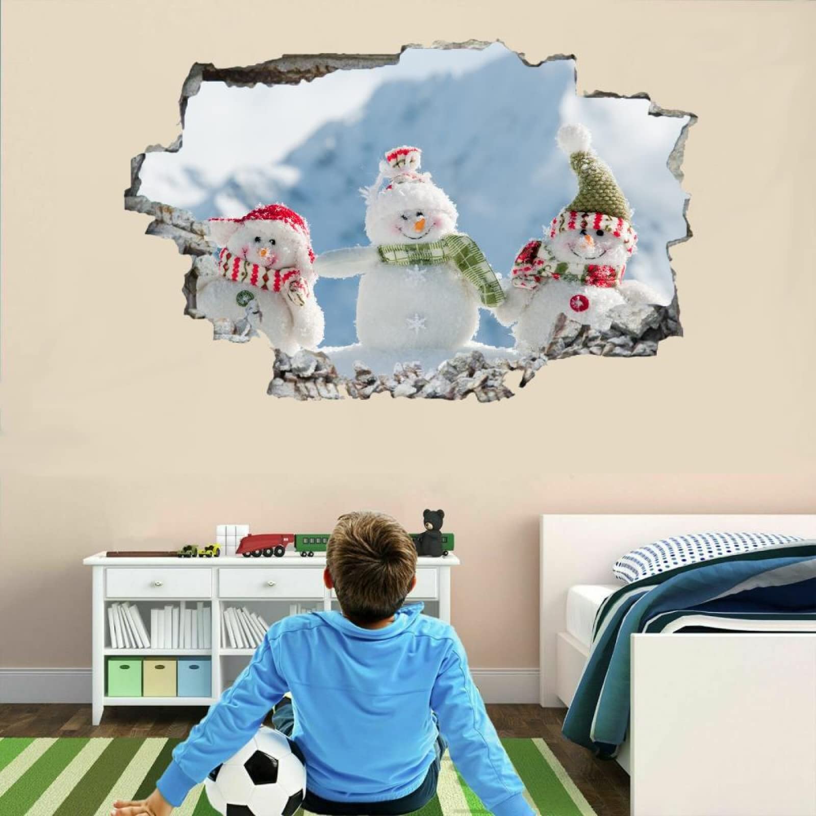 Adesivo Da Parete 3D Rimovibile Pupazzo Di Neve Decorazione Da Parete, Pavimento, Soffitto, Decalcomania Fracassata, Decorazione Artistica Tema Natalizio Per Soggiorno, Murale 80x120cm