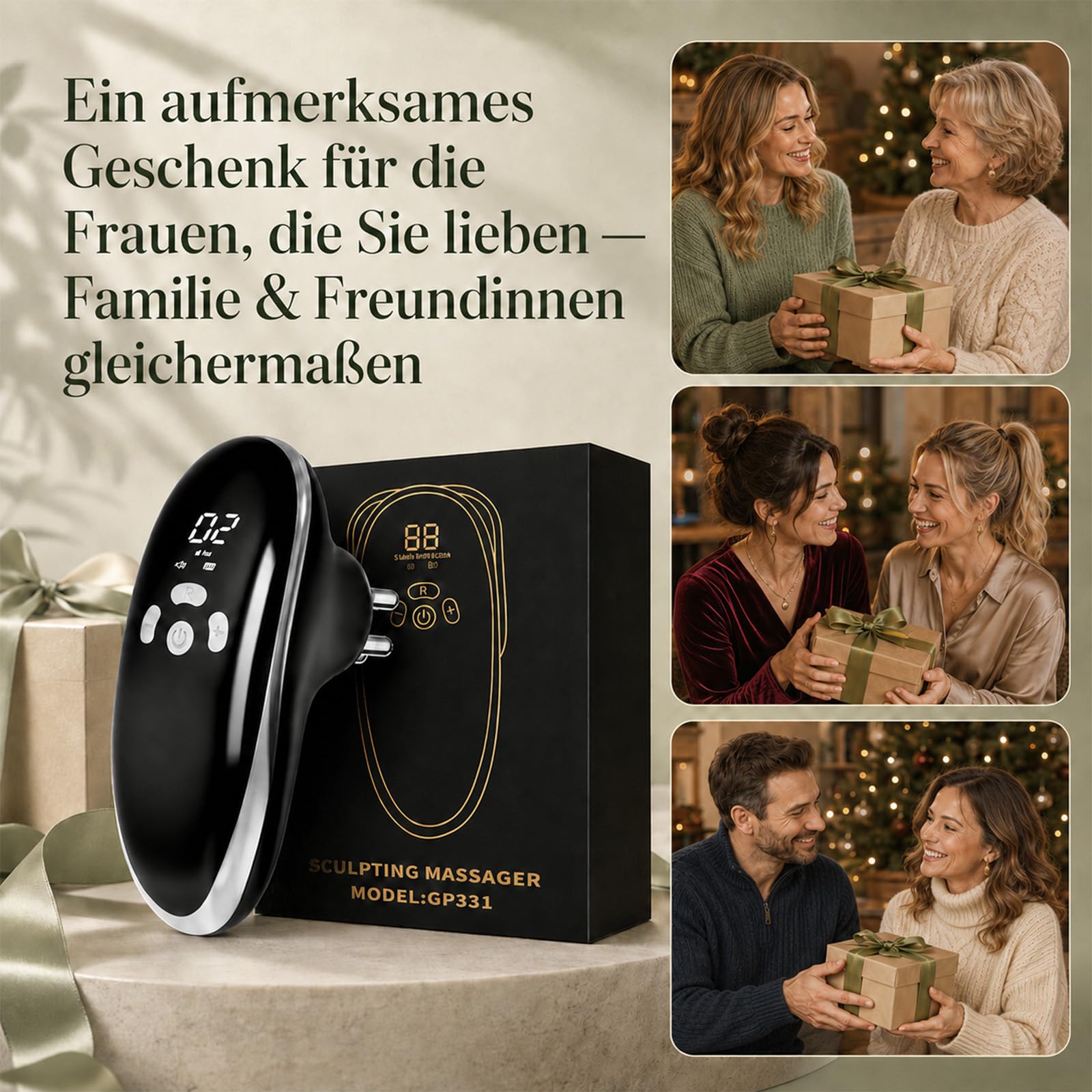 3-in-1 Anti Cellulite Massagegerät elektrisch: EMS, Vakuum Schröpfgerät, red light therapy, Lipödem/Lymphdrainage, Hautstraffung Bauch Beine Po Rücken, 3 Modi 10 Stufen, Sprachansage, 4 Aufsätze, Box