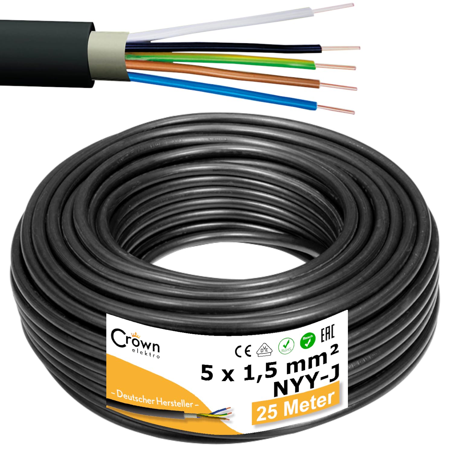 NYY-J 5x1,5mm² 25m Erdkabel Länge am Stück | Elektrokabel Ring für Verlegung im Erdreich & Außenbereich | Kupfer Eindrähtig DIN VDE 0276 Teil 603/627 | Deutsche Markenhersteller