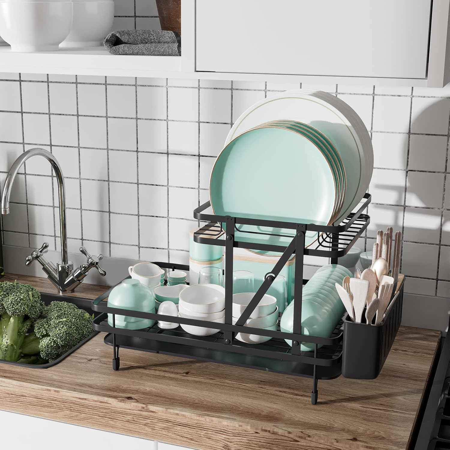 Giantex Collapsible Drying Rack & Drainboard Set, 2-Tier Metal Dish Drainer with Utensil Holder, Removable Drip Tray, 360-Degree Swiveling Spout, Dish Dryer Rack for Kitchen Counter, Black