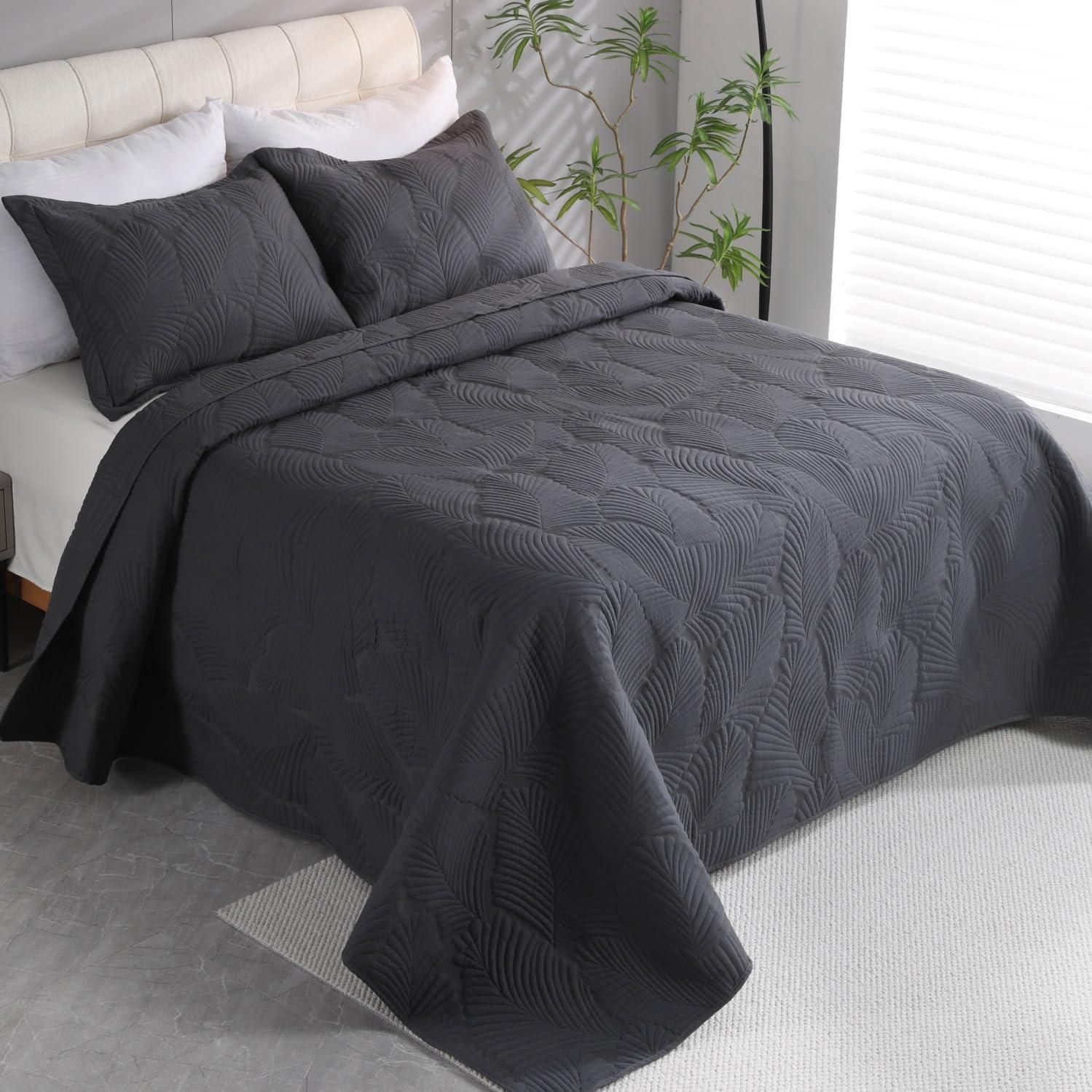 Grey Tropical Quilt King,King Size Quilt Sets Oversized,Soft Microfiber 3D Leaf Pattern King Bedspread,Lightweight Bedding Set for All Season(Grey,King106 x96) Dark Grey King 106"x96"
