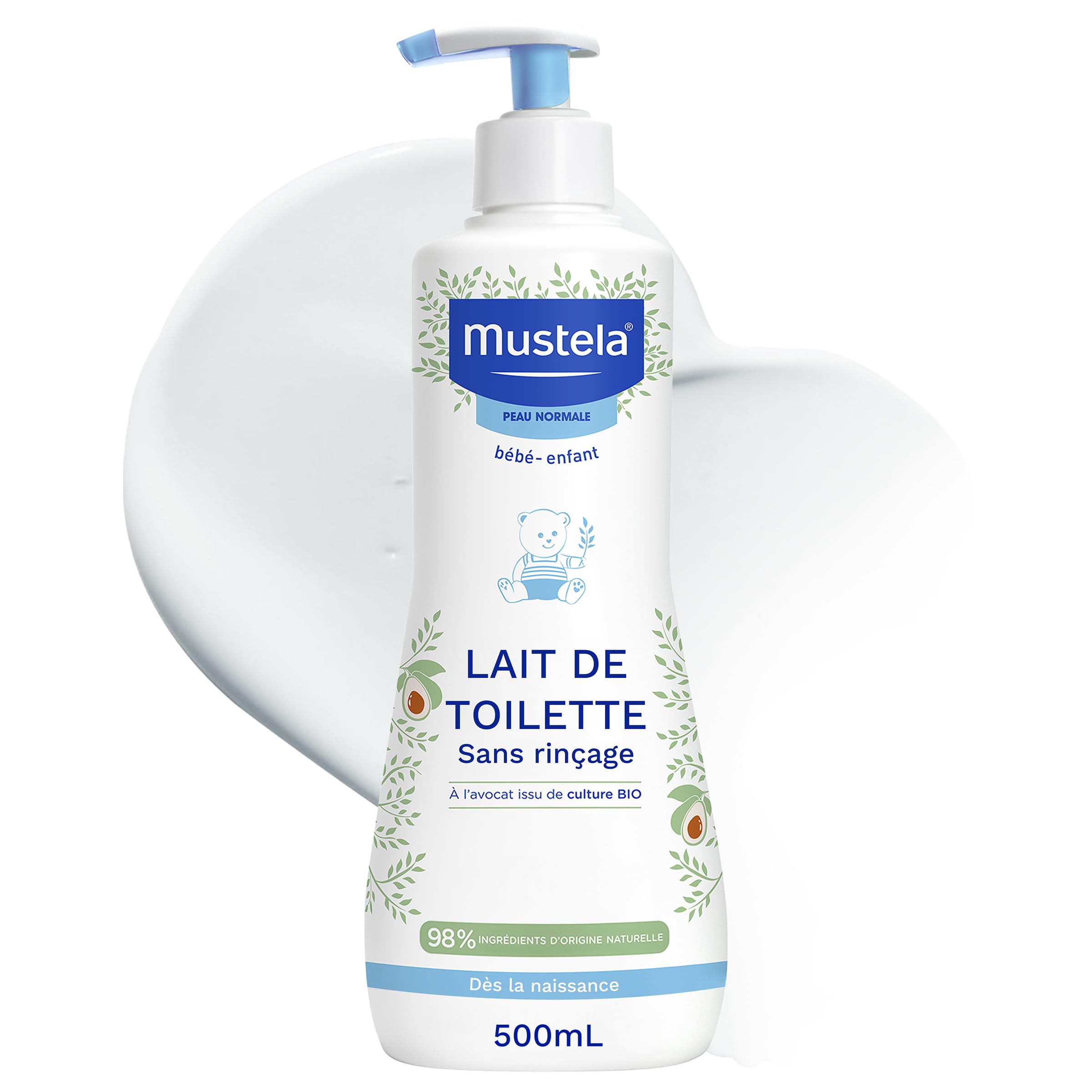 Mustela - Lait de Toilette Bébé Sans Rinçage - Soin Nettoyant et Favorisant l'Hydratation - 98% d'ingrédients d'origine naturelle - Haute Tolérance - Hygiène Bébé Douce Visage et Siège - Peau Normale - 1