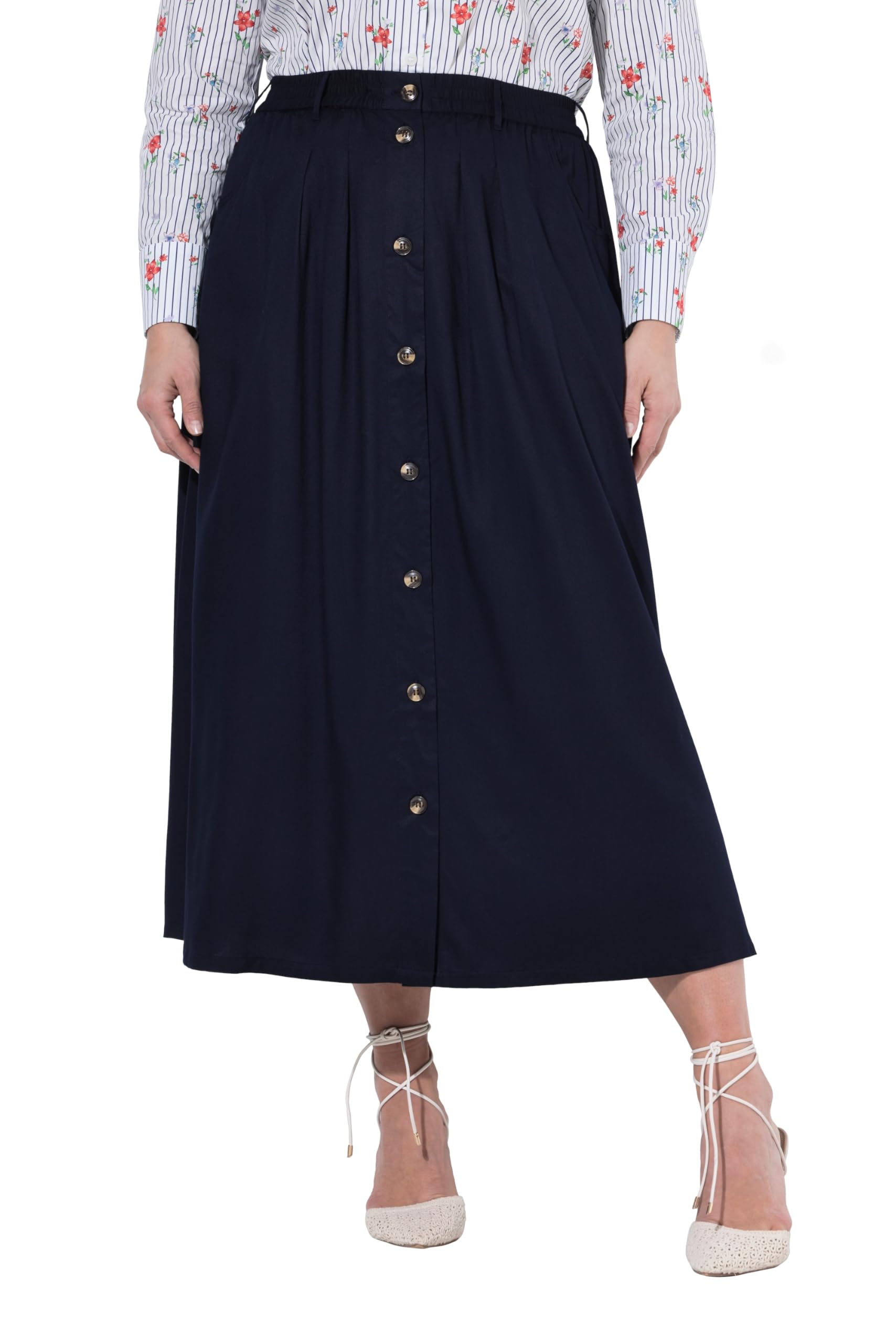 Ulla Popken Damen große Größen Übergrößen Plus Size Maxirock, A-Linie, Bundfalten, Hornoptik-Knopfleiste 846766