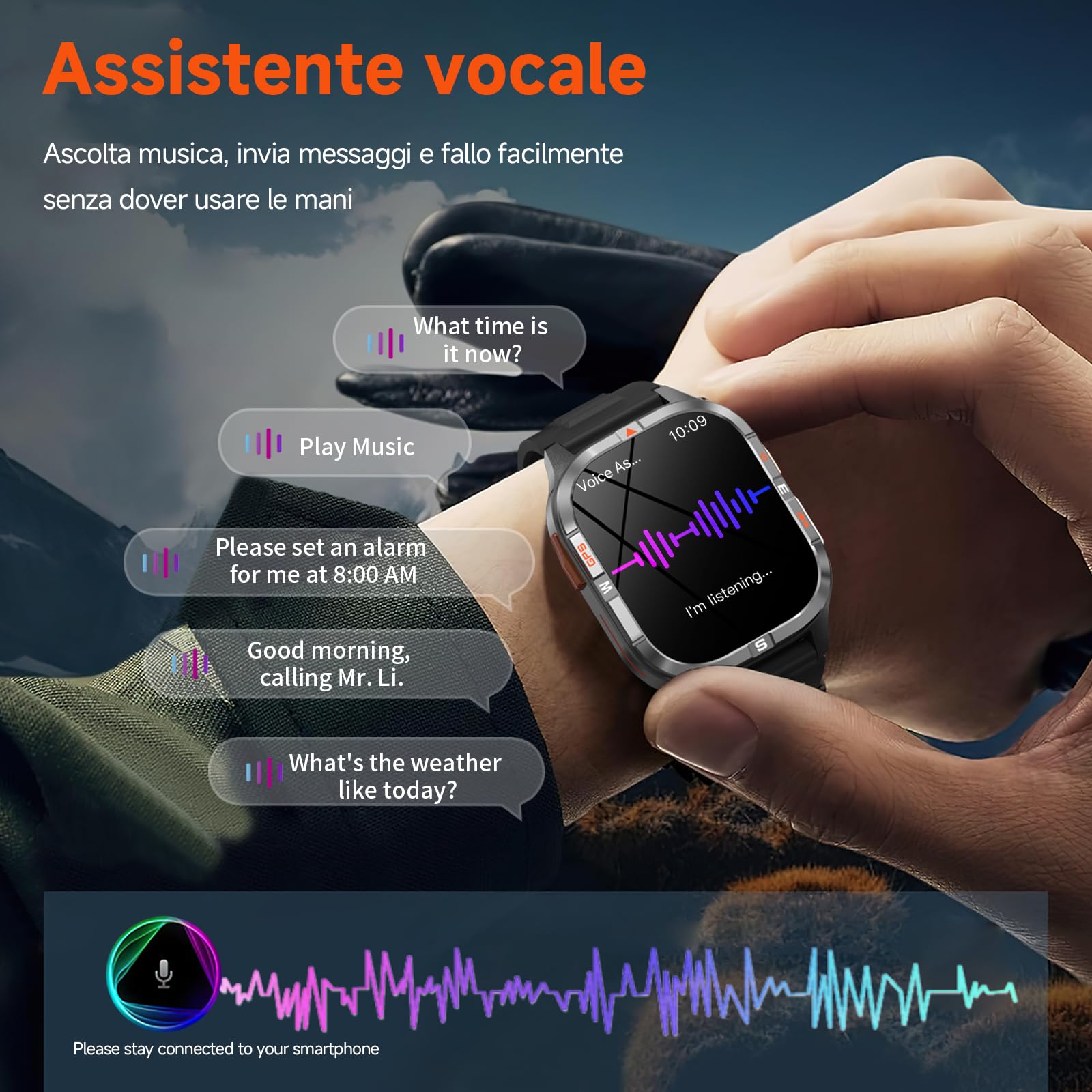 Orologio intelligente GPS militare con bussola/altezza/torcia, 2,01 pollici con schermo HD, assistente vocale/chiamate Bluetooth, per Android e iOS, diverse modalità di movimento (Nero)